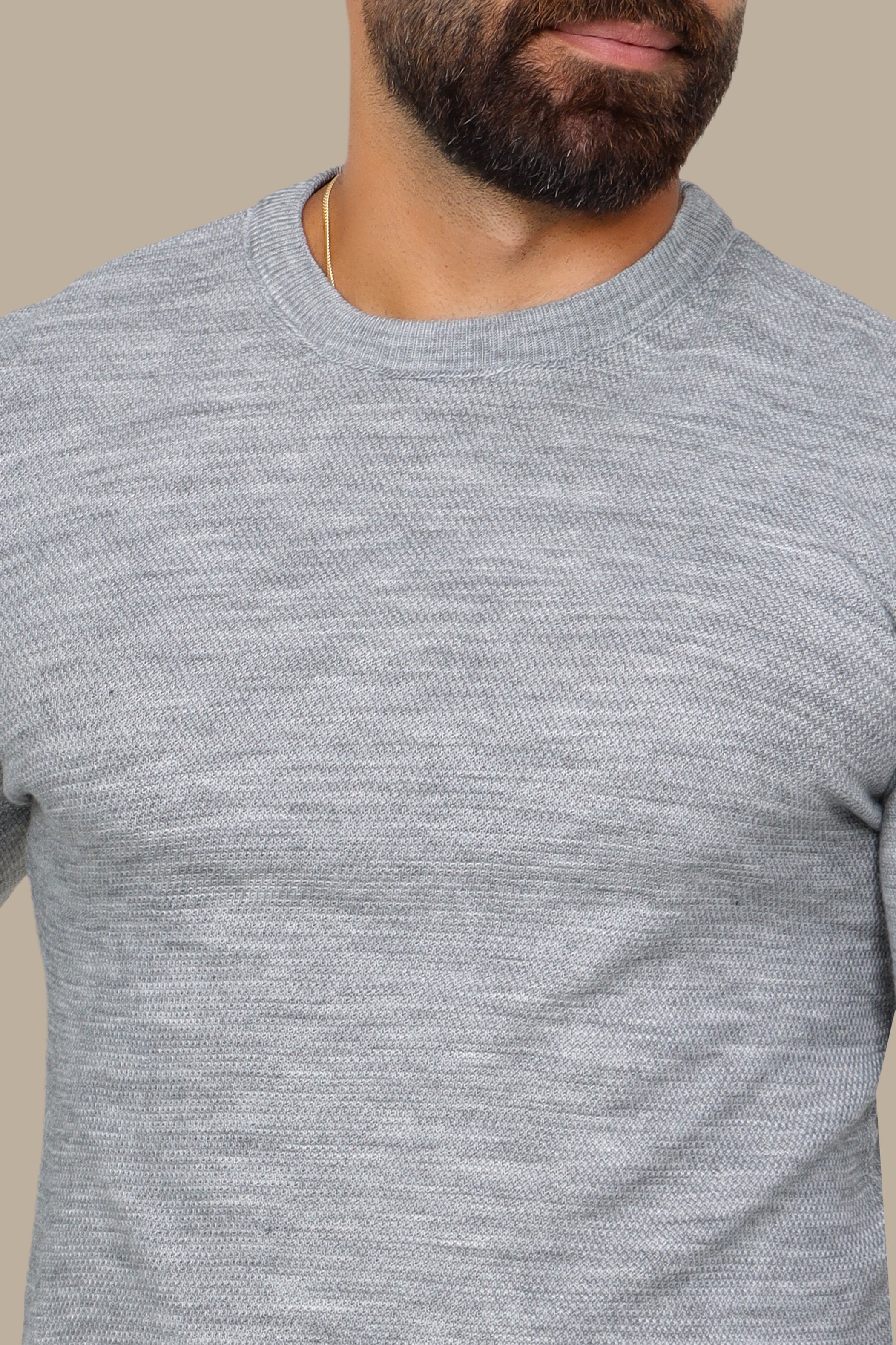 Grey Structured Round Neck Sweater