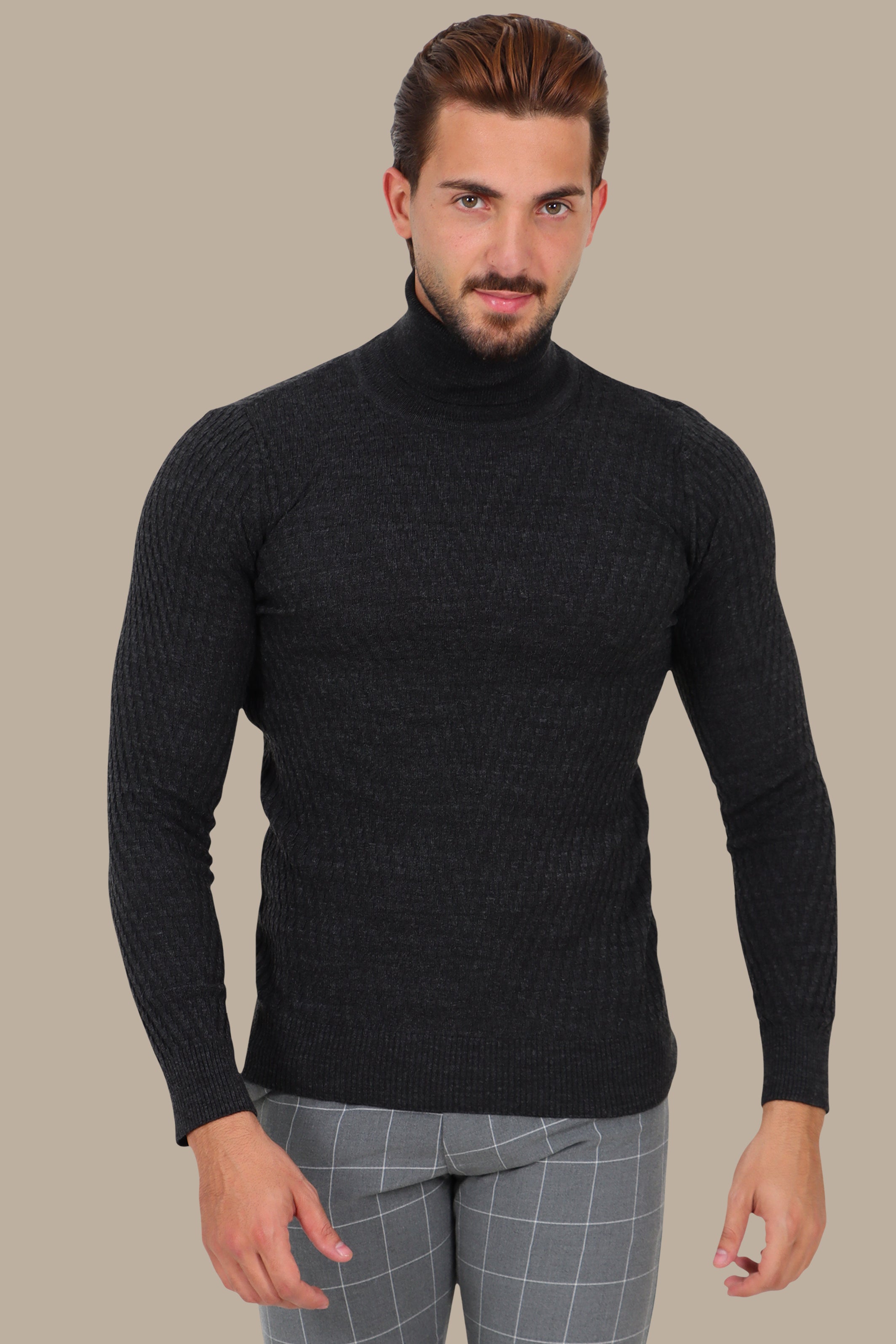 Dark Grey V-Cut Turtleneck with Dogtooth Pattern