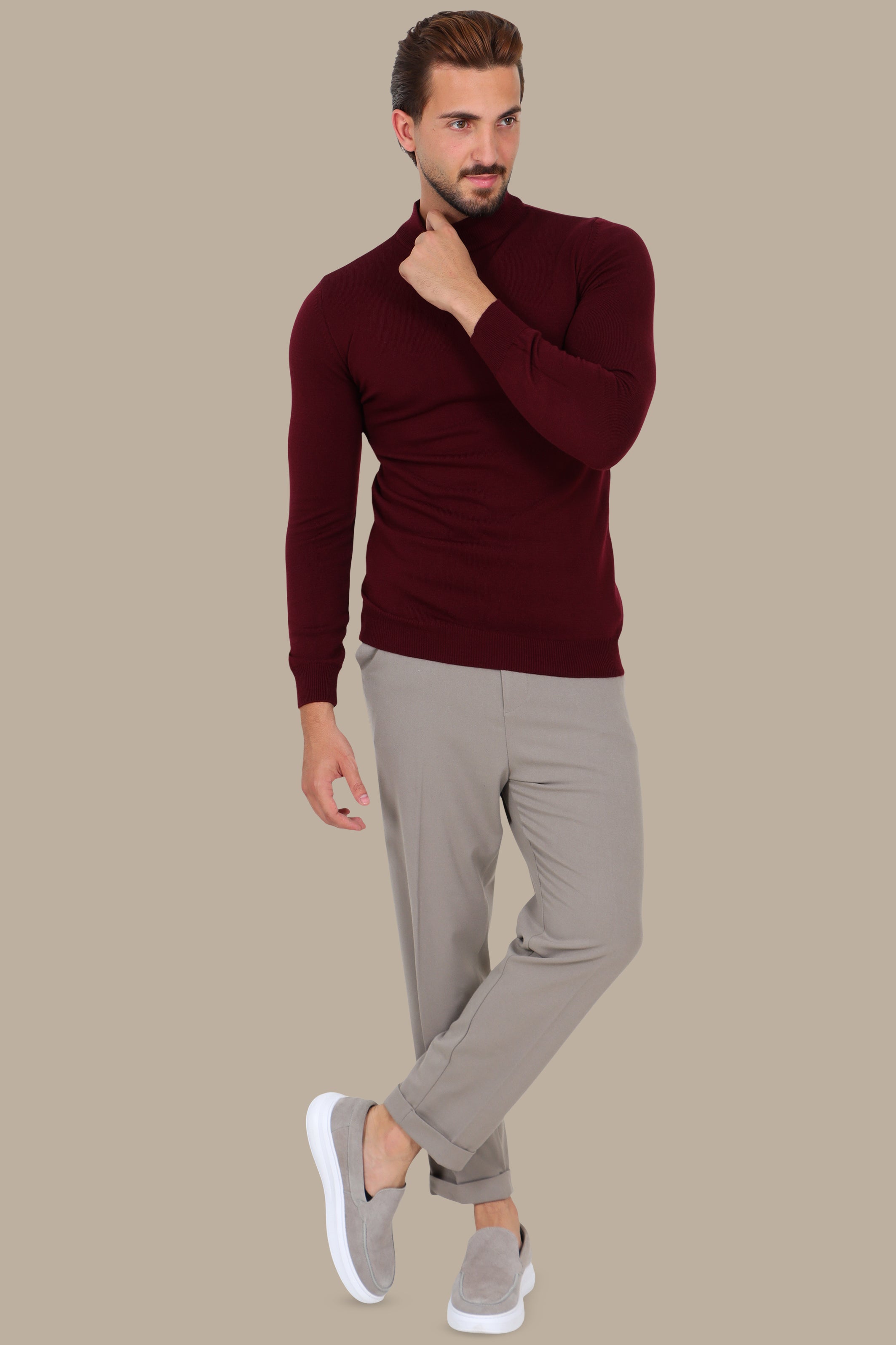 Burgundy High Neck Basic Sweater