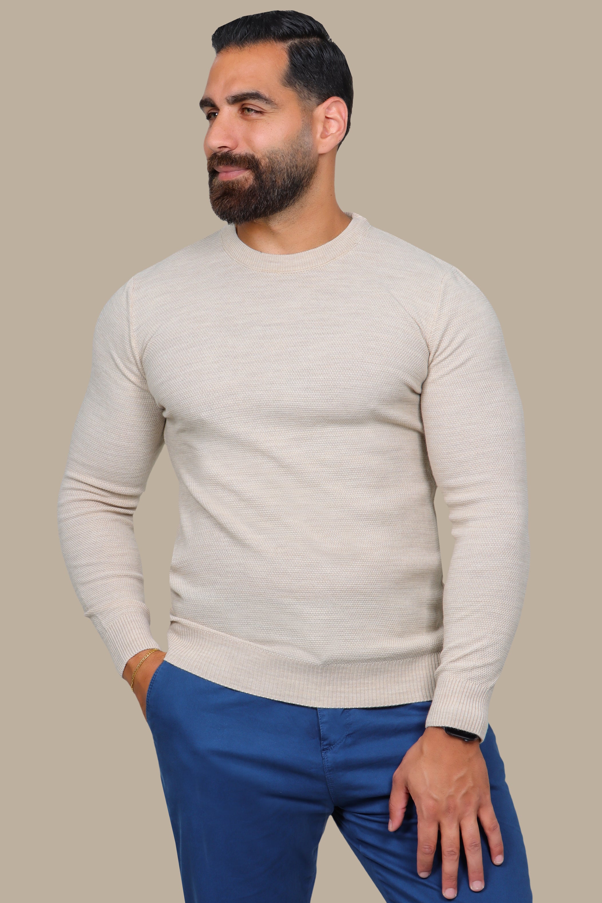 Beige Structured Round Neck Sweater