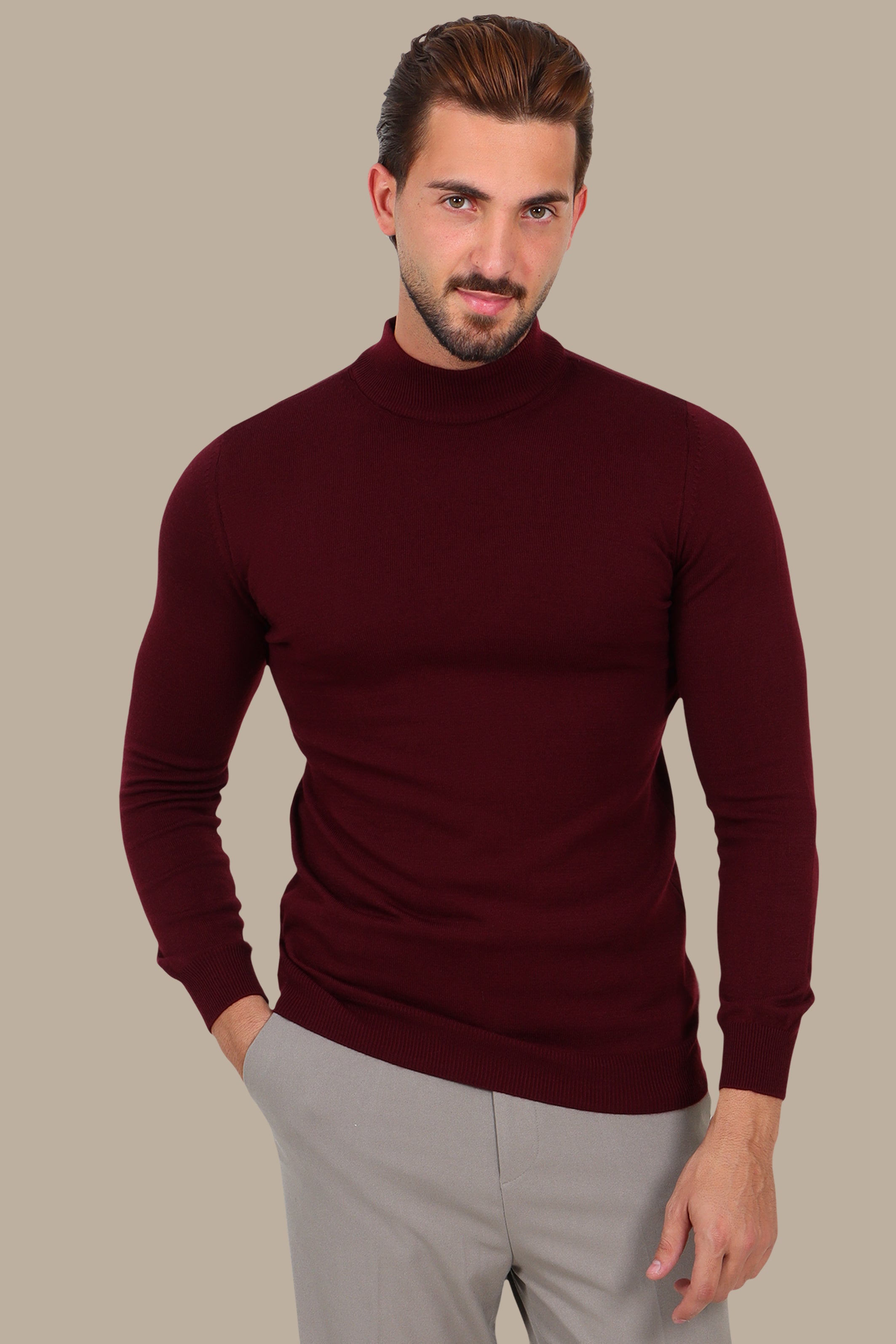 Burgundy High Neck Basic Sweater