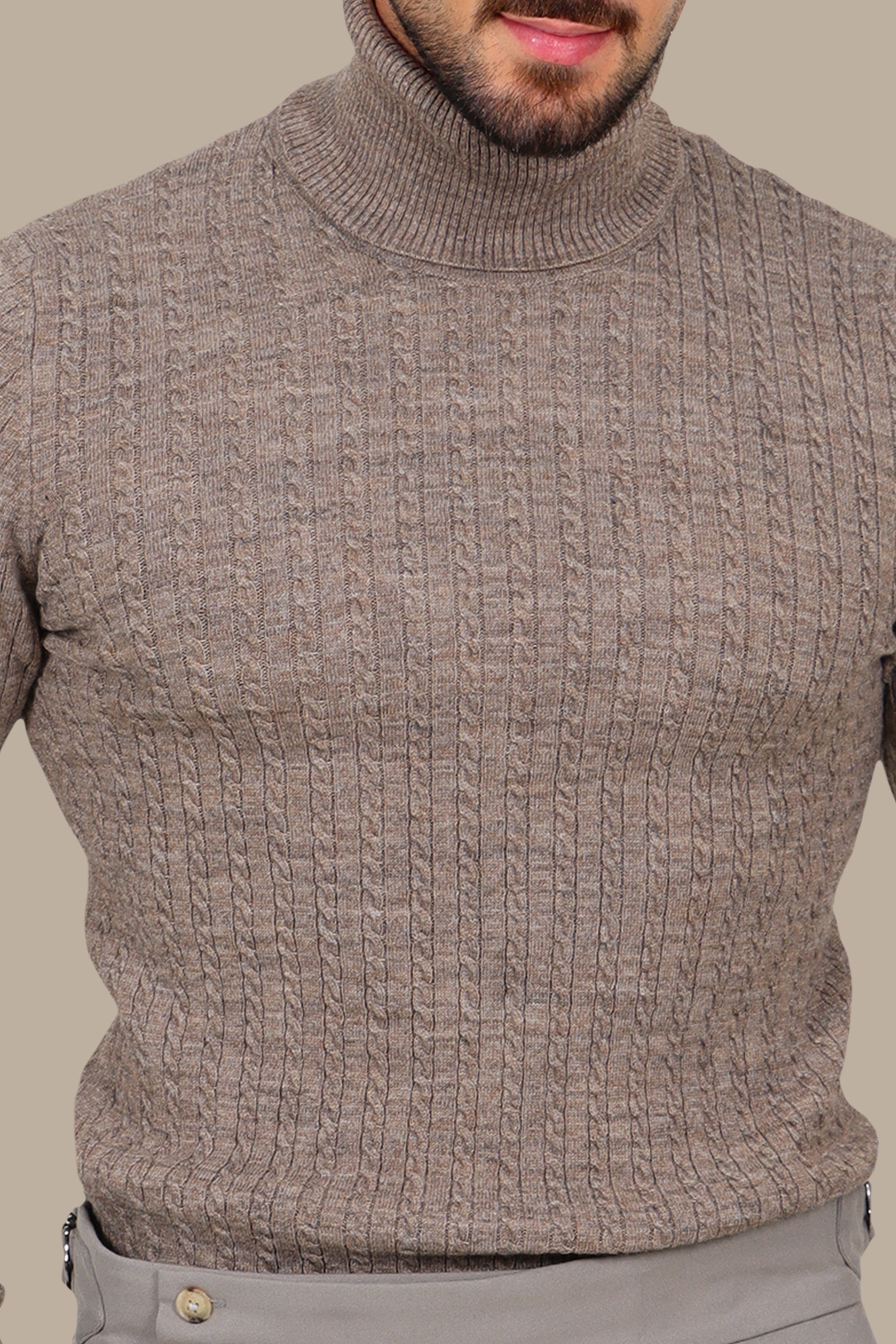 Mocha Braided Vertical Turtleneck Sweater