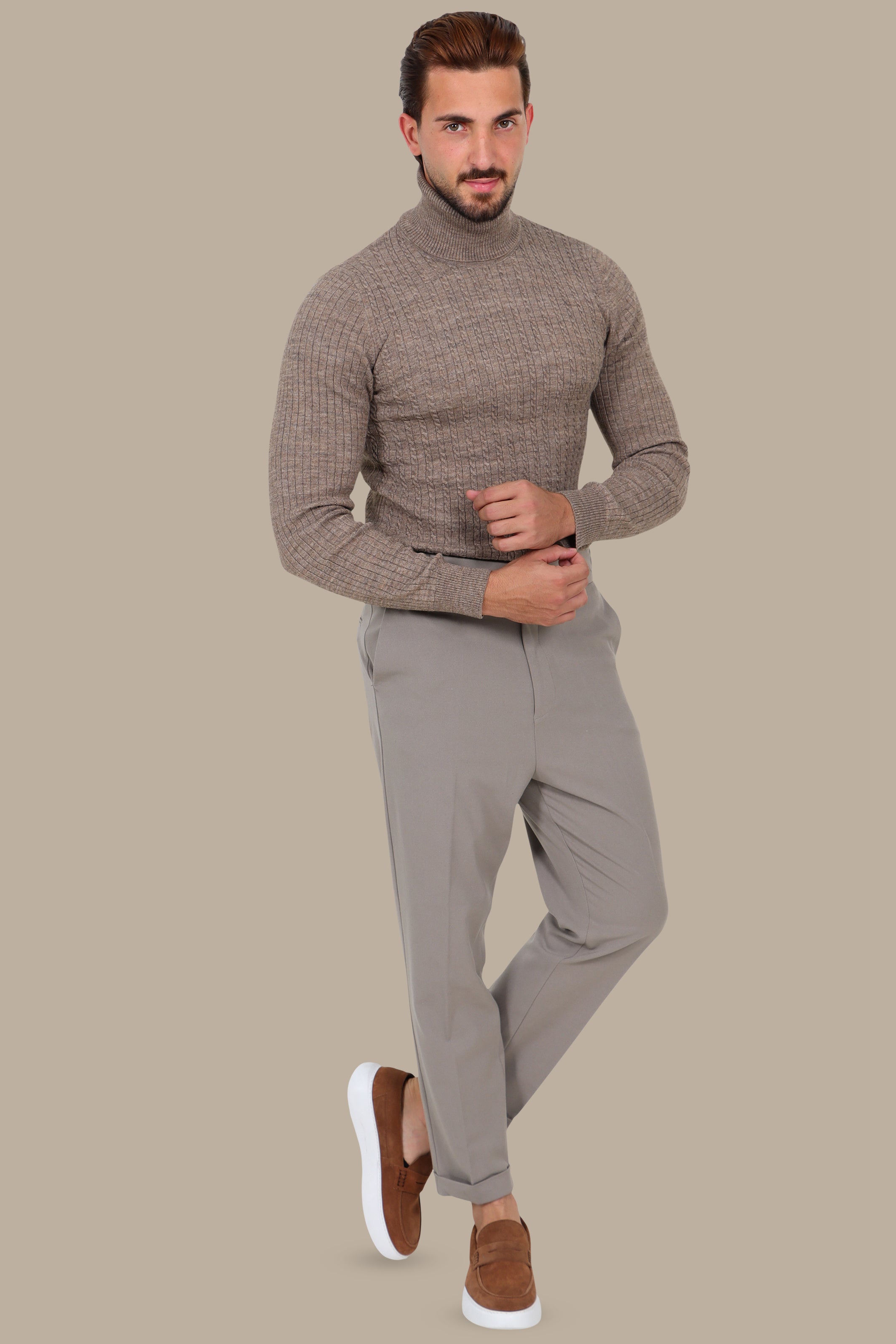 Mocha Braided Vertical Turtleneck Sweater