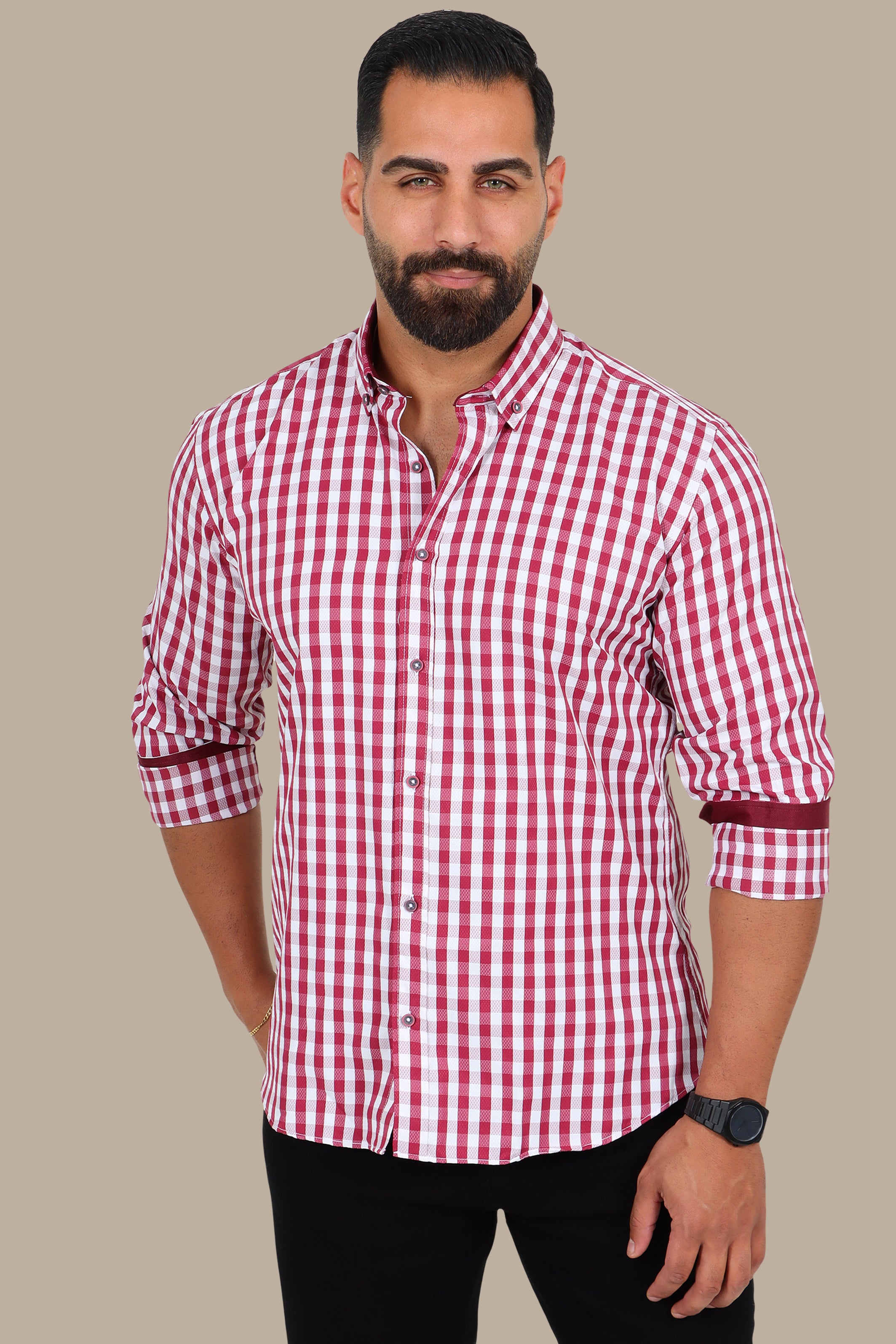 Burgundy Gingham Button-Down Shirt