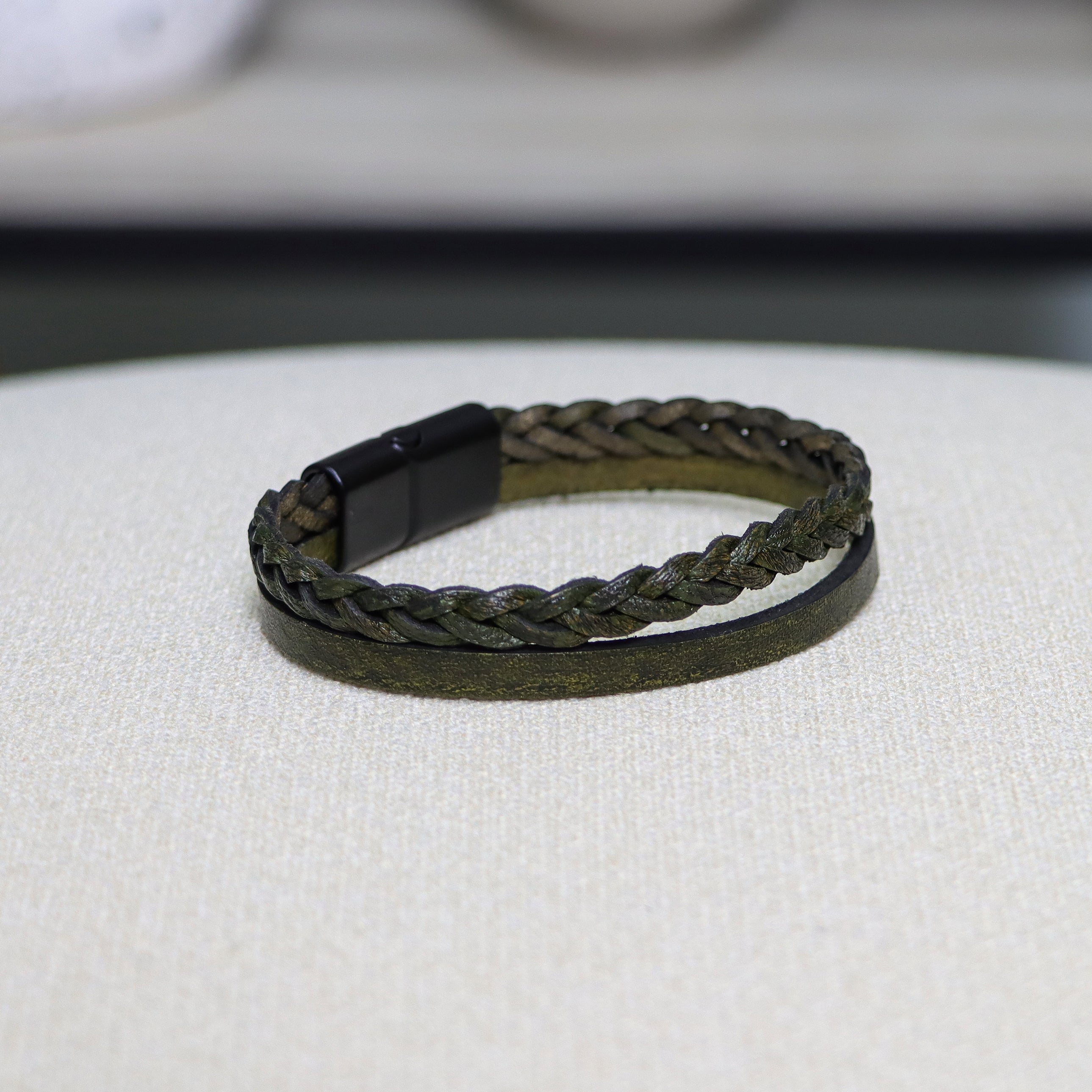 Khaki Three-Layer Leather Bracelet