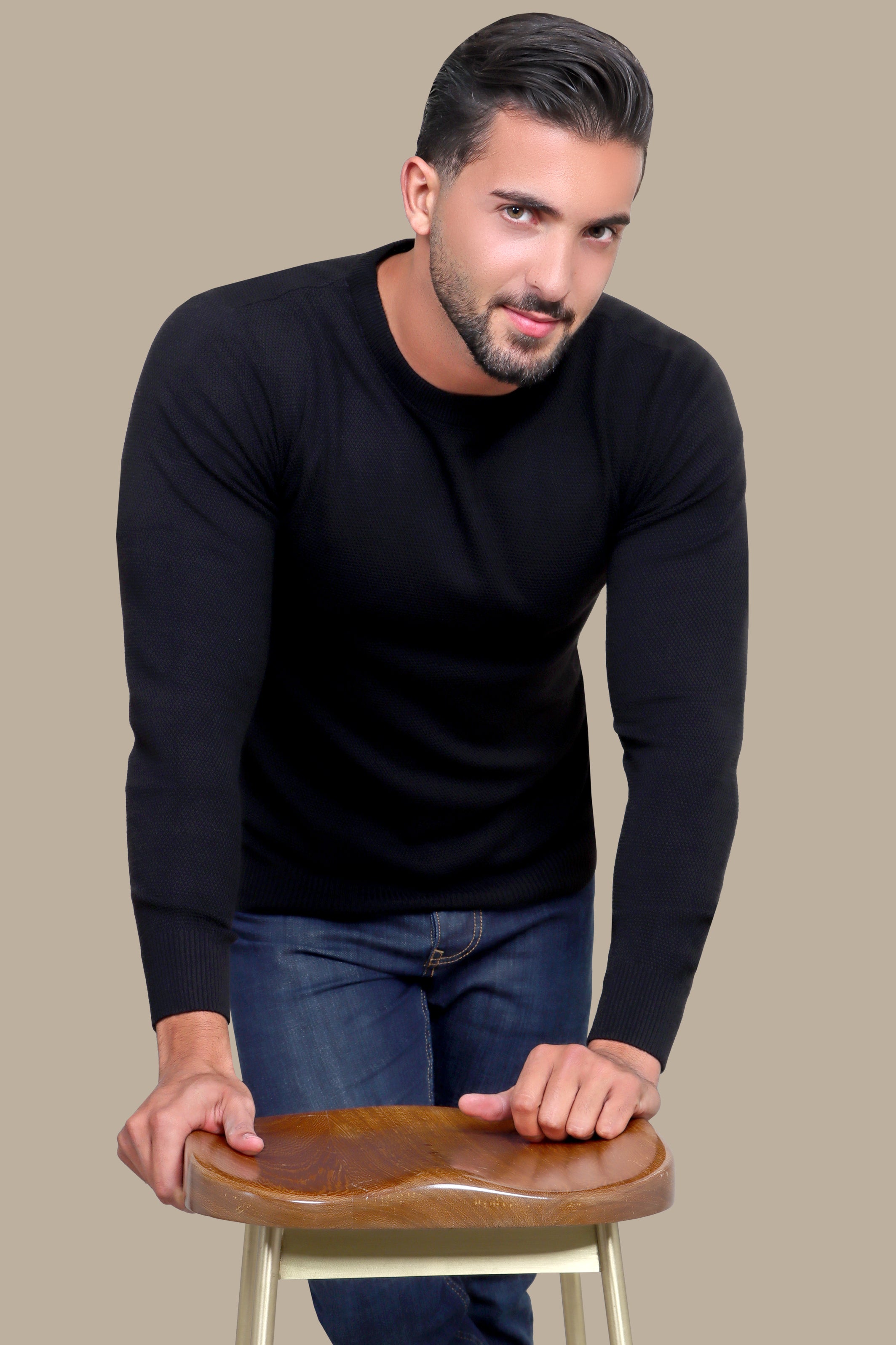 Black Round Neck Structured Sweater