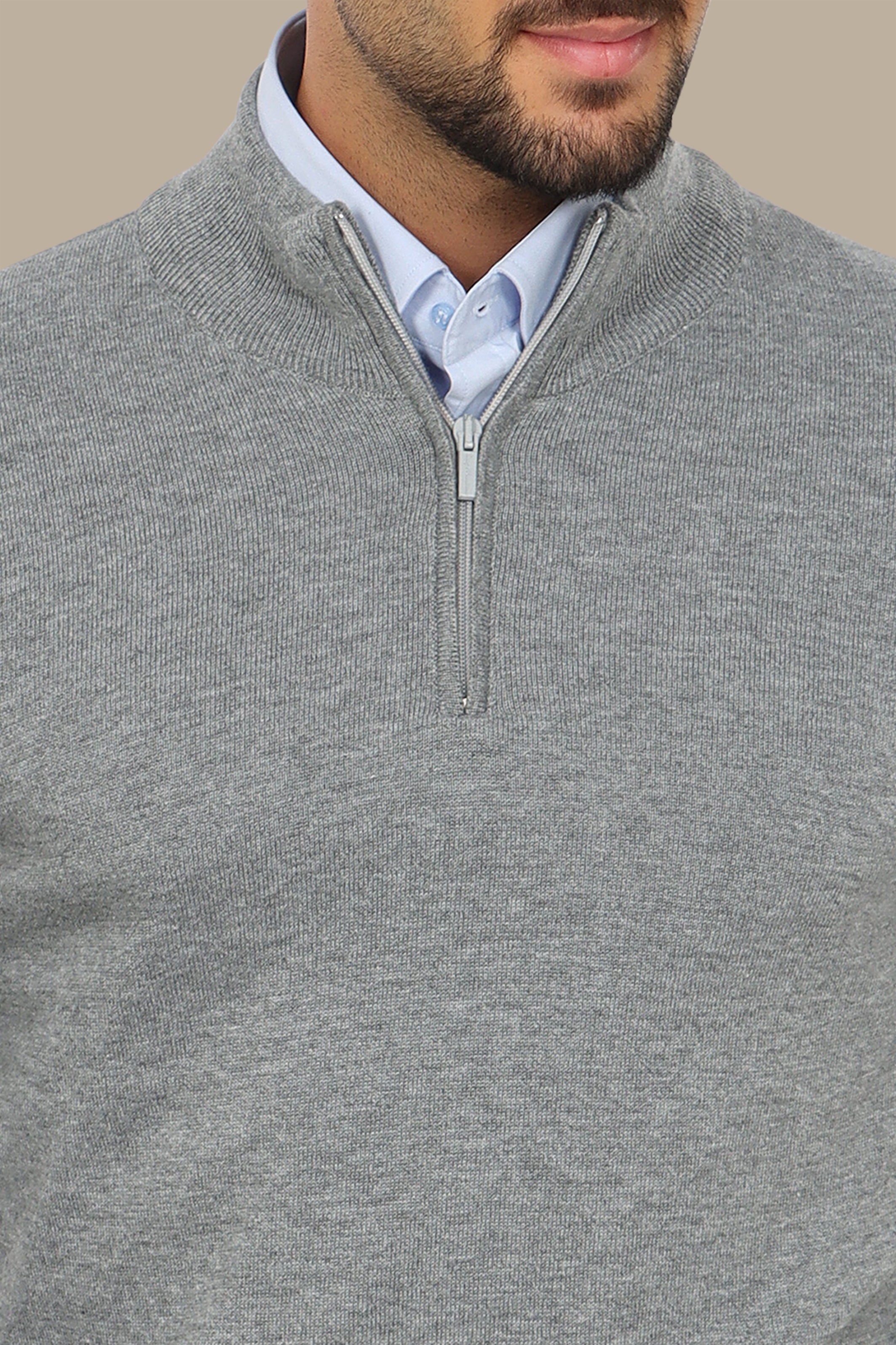Grey Cotton Sweater with Half Zipper