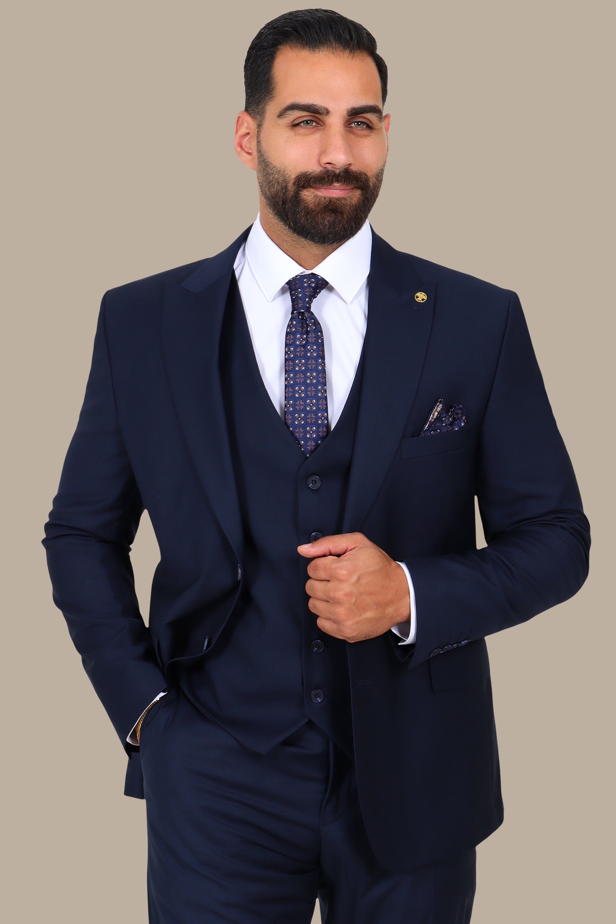 Navy Blue 3-Piece Peak Lapel Suit