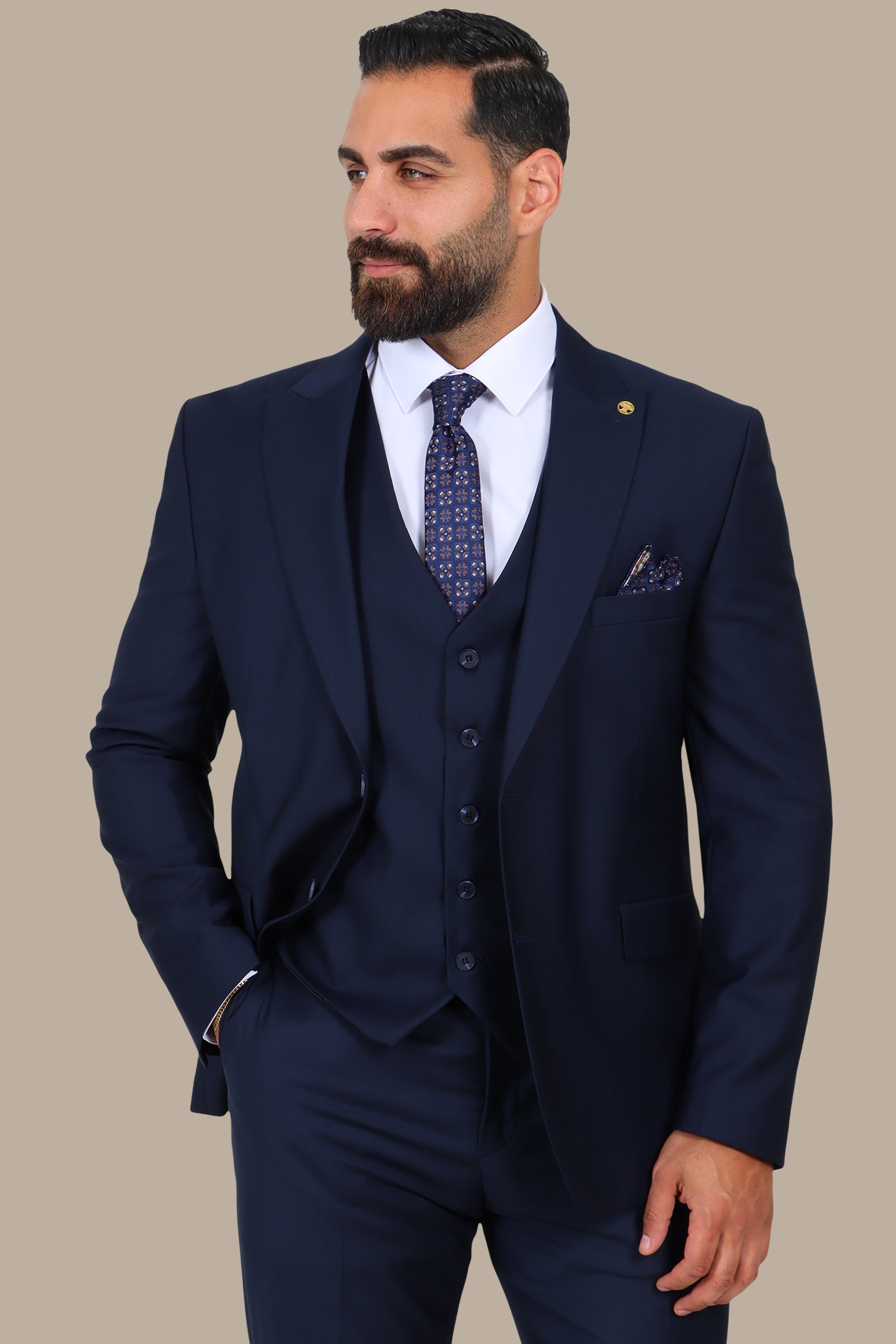 Navy Blue 3-Piece Peak Lapel Suit