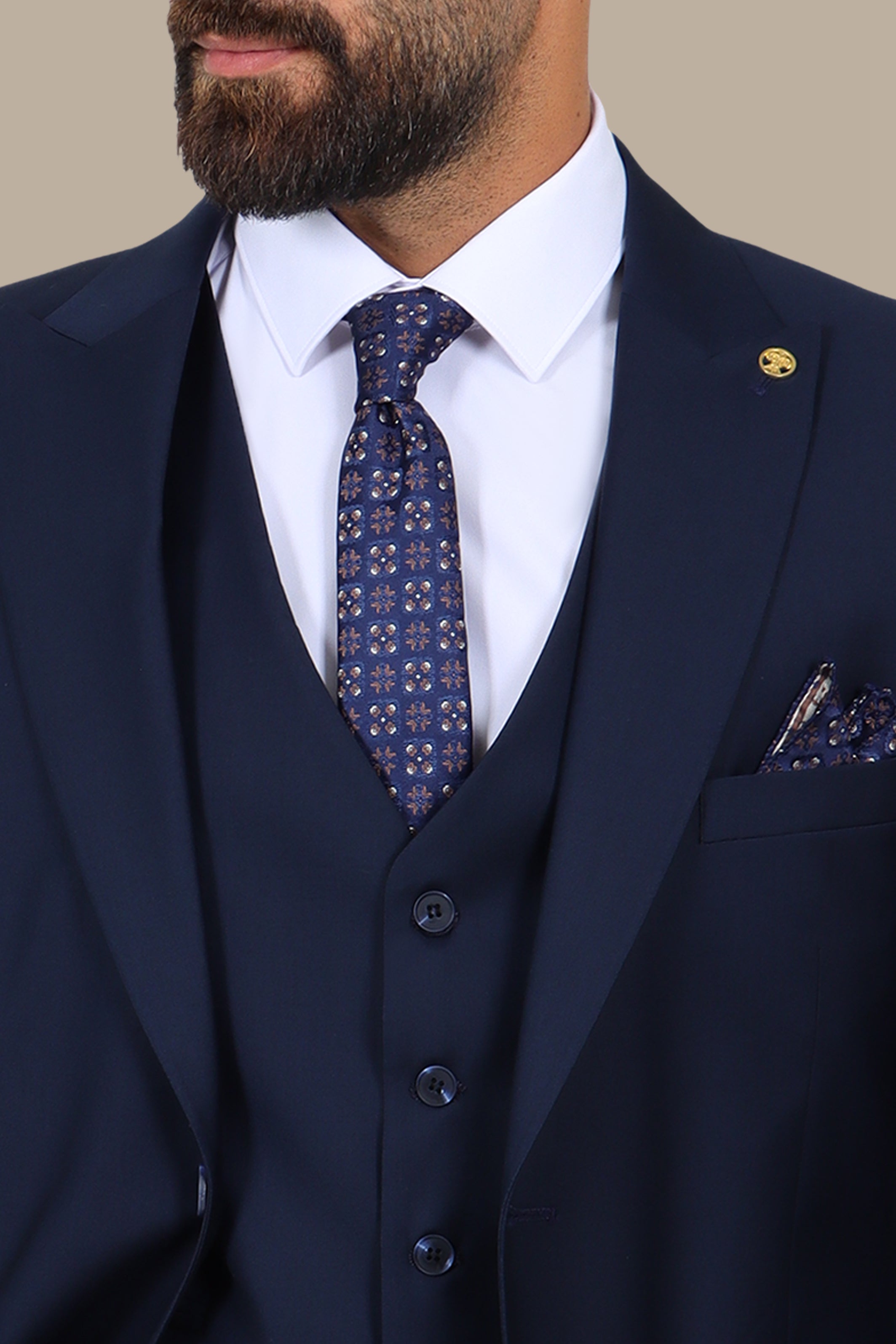 Navy Blue 3-Piece Peak Lapel Suit