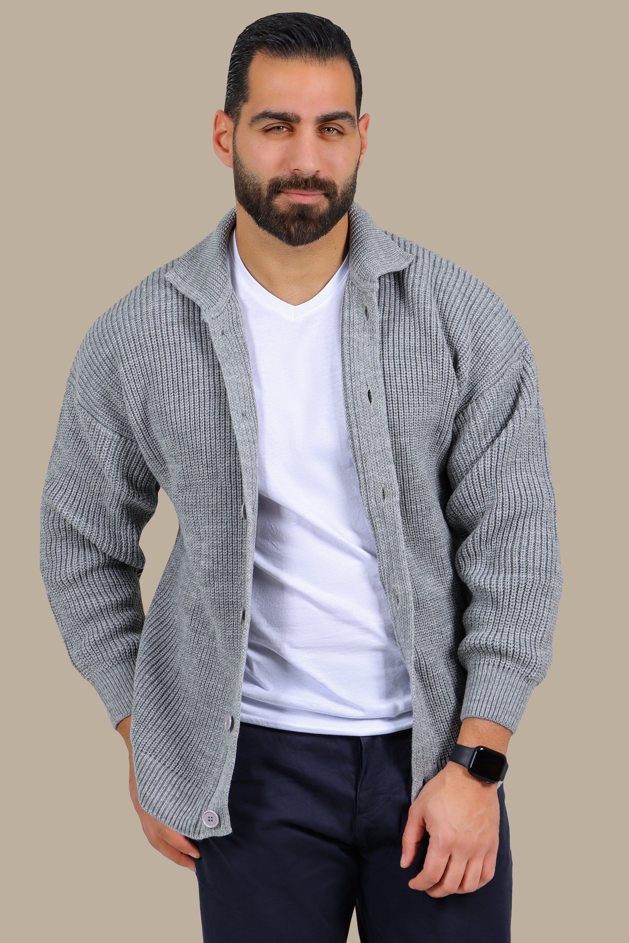 Mercerized Full-Button Cardigan - Grey