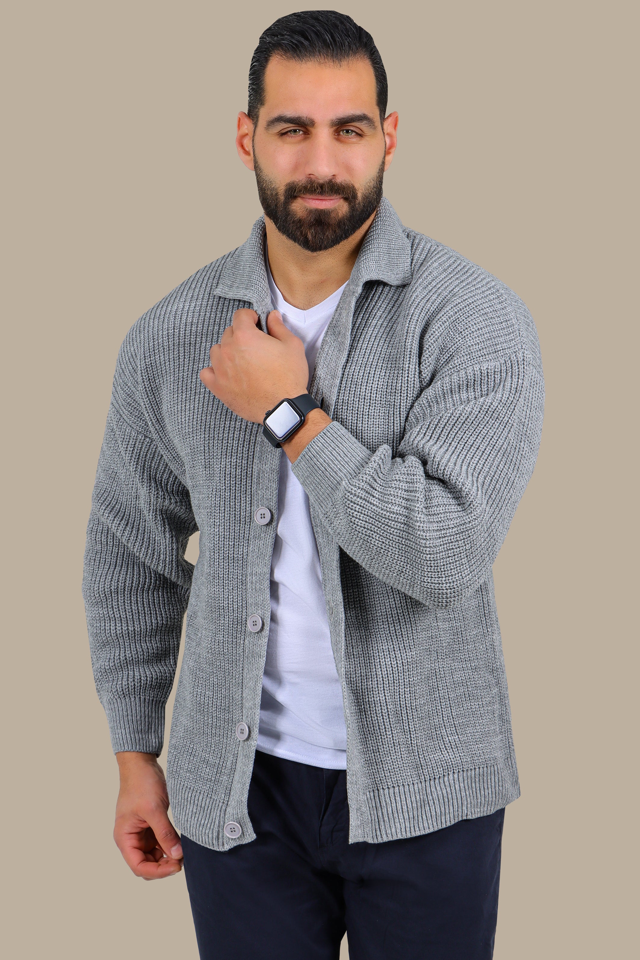 Mercerized Full-Button Cardigan - Grey