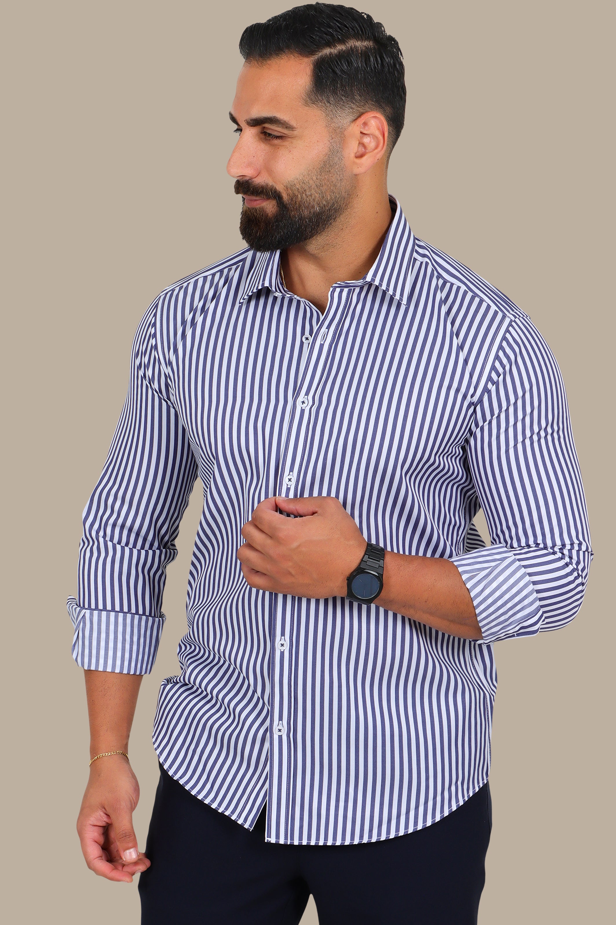 Navy Shirt – Medium Classic Pinstripes