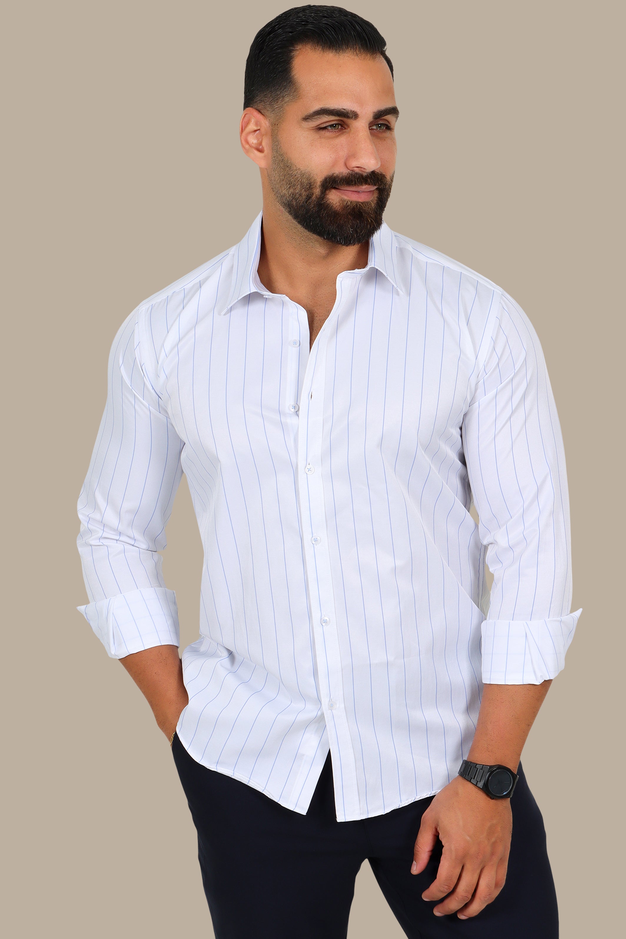 White Shirt – Light Blue Thin Stripes