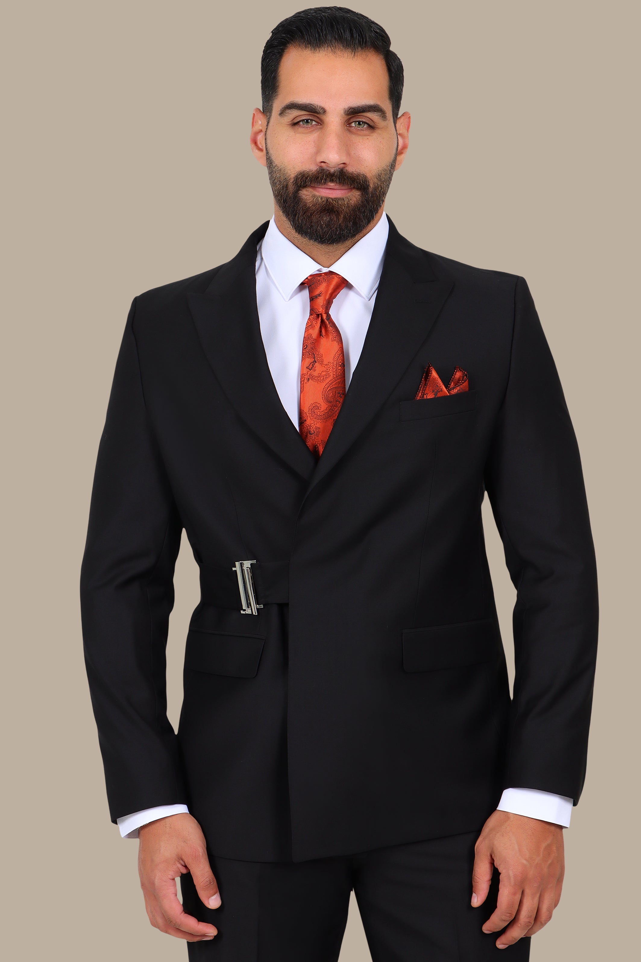 Black Peak Lapel Suit with Side Buckle