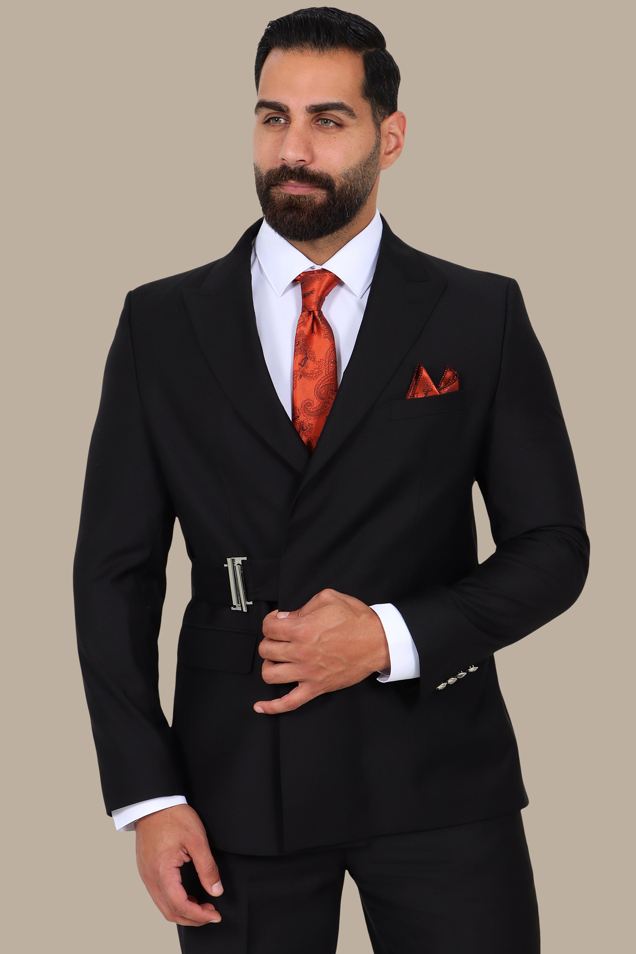Black Peak Lapel Suit with Side Buckle