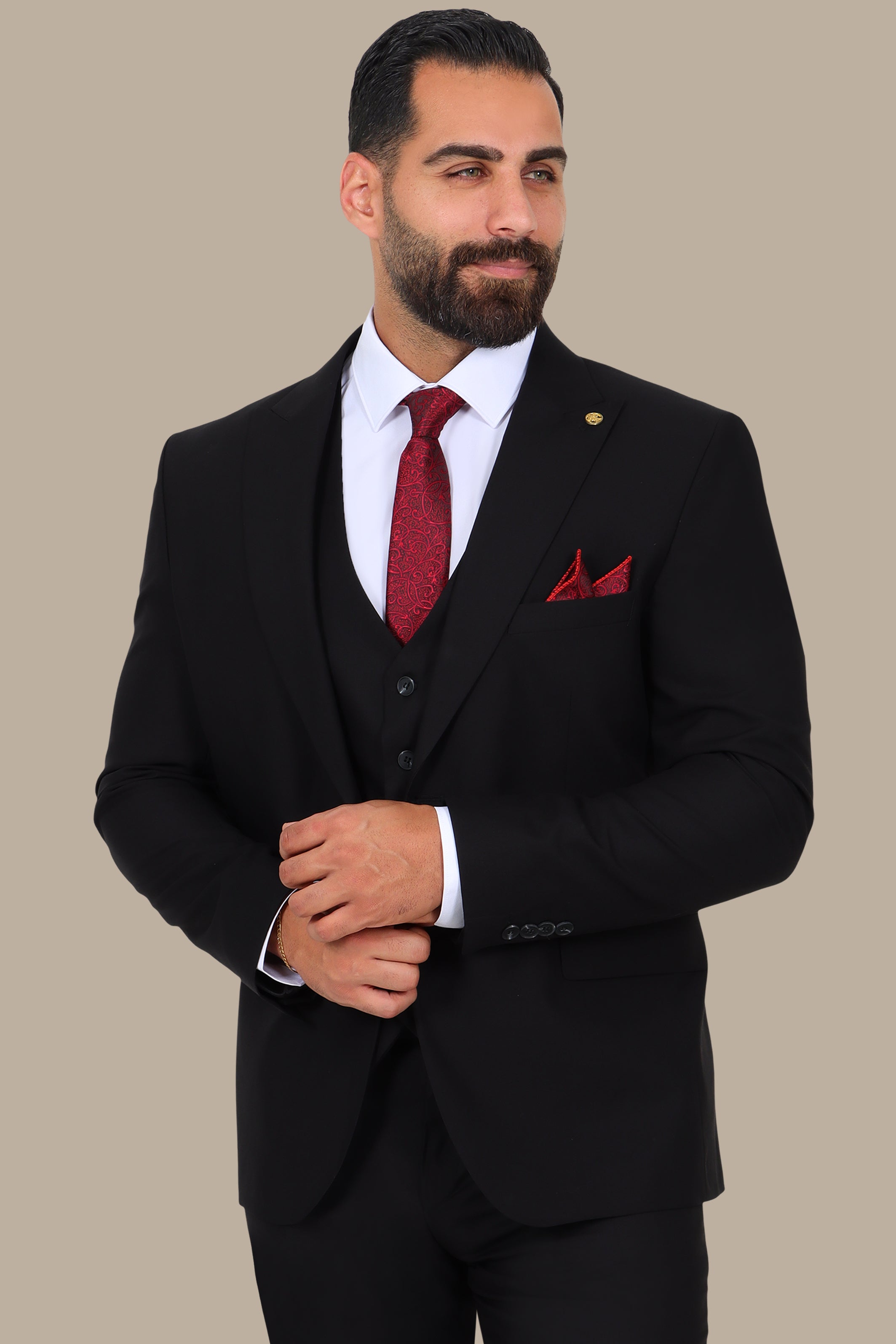 Black 3-Piece Peak Lapel Suit