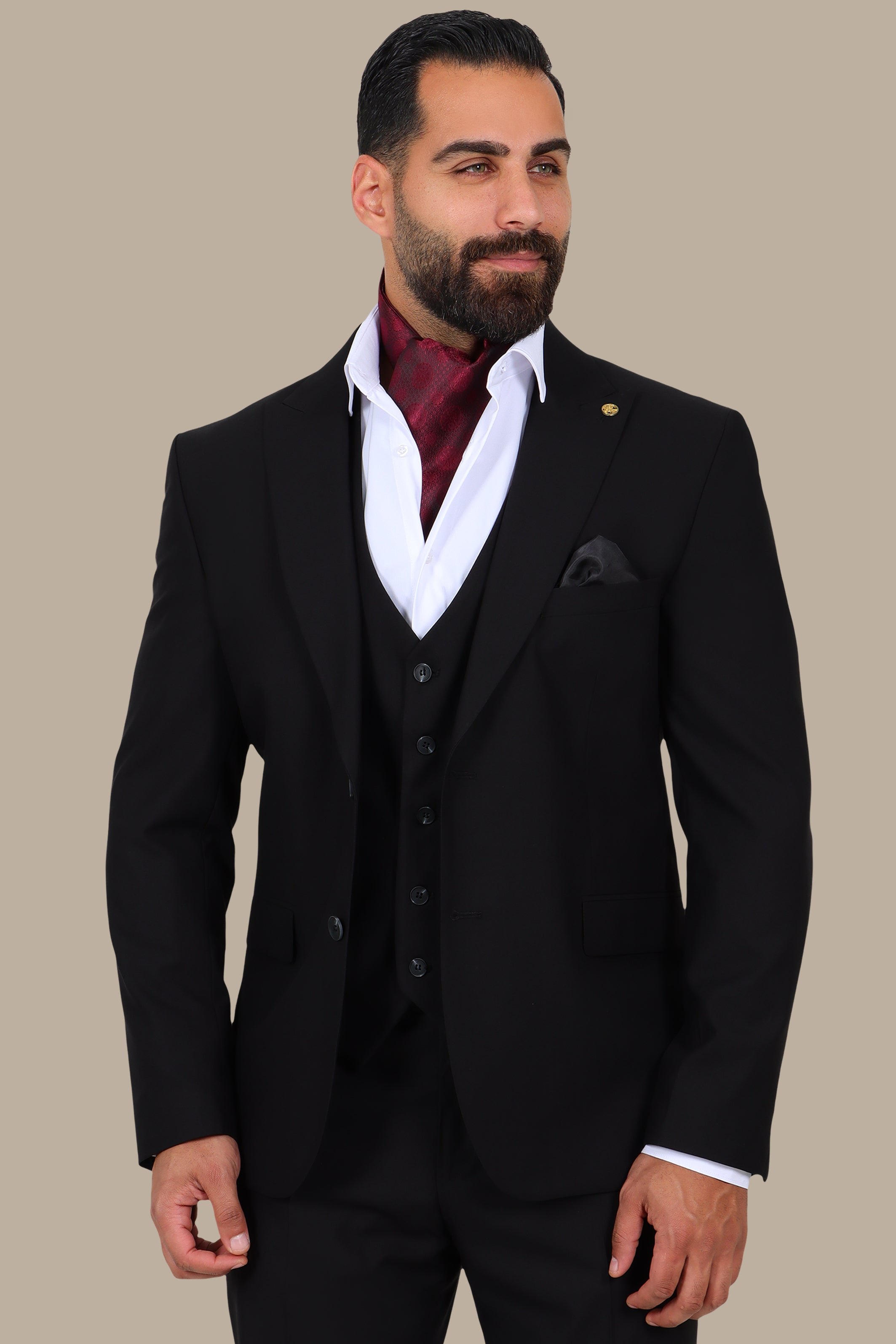 Black 3-Piece Peak Lapel Suit