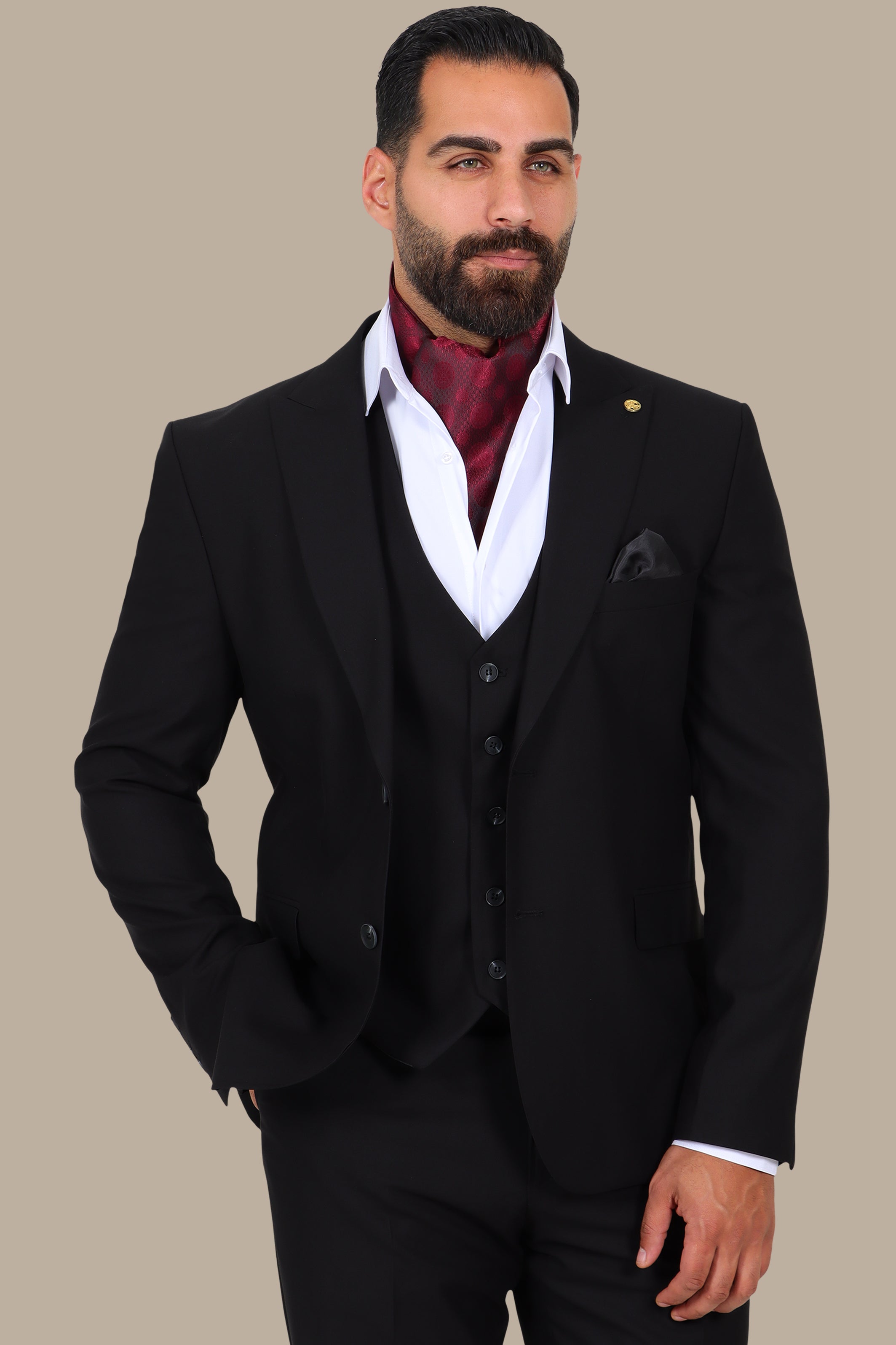 Black 3-Piece Peak Lapel Suit