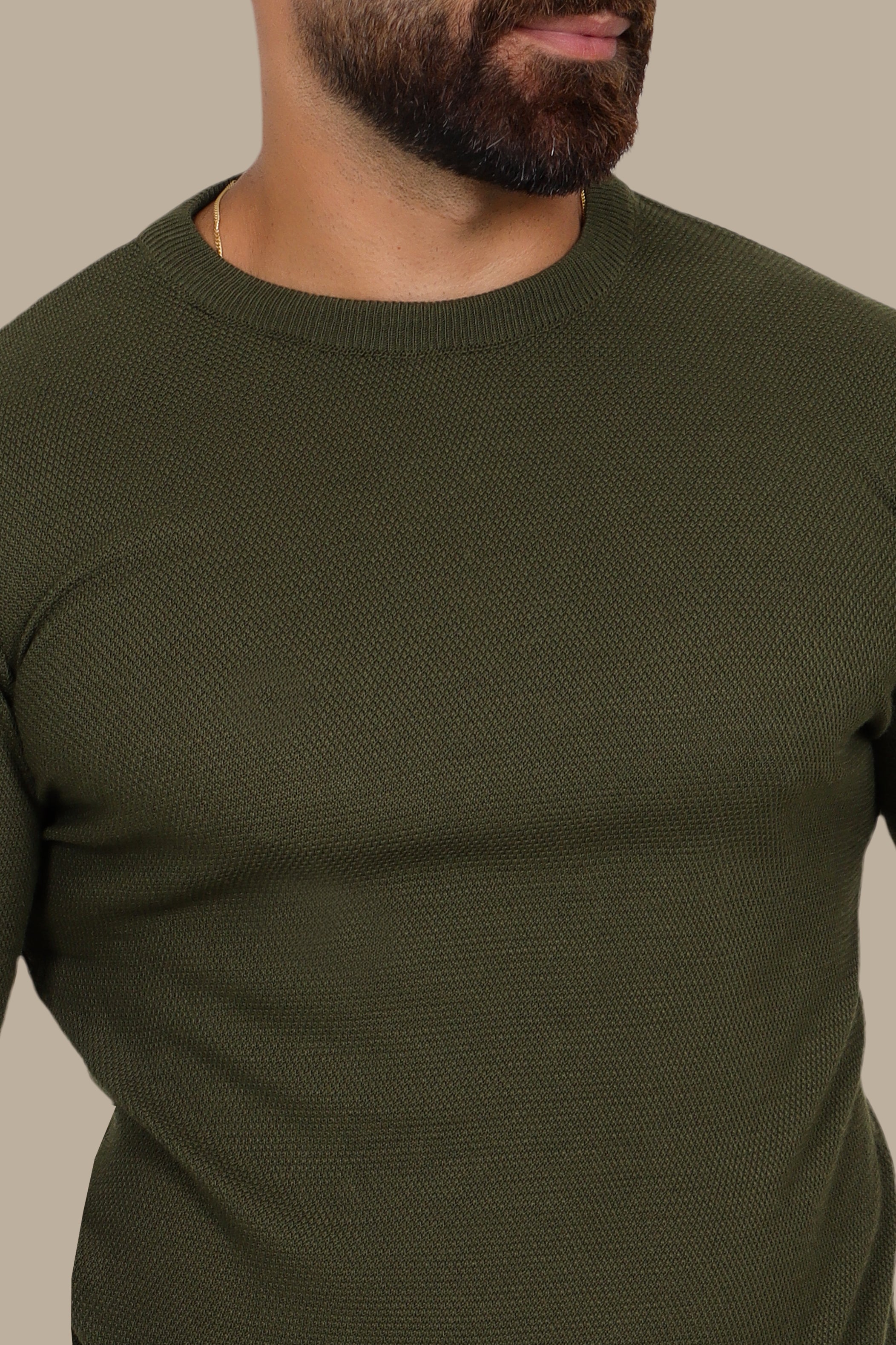 Effortless Style: Khaki Structured Round Neck Sweater