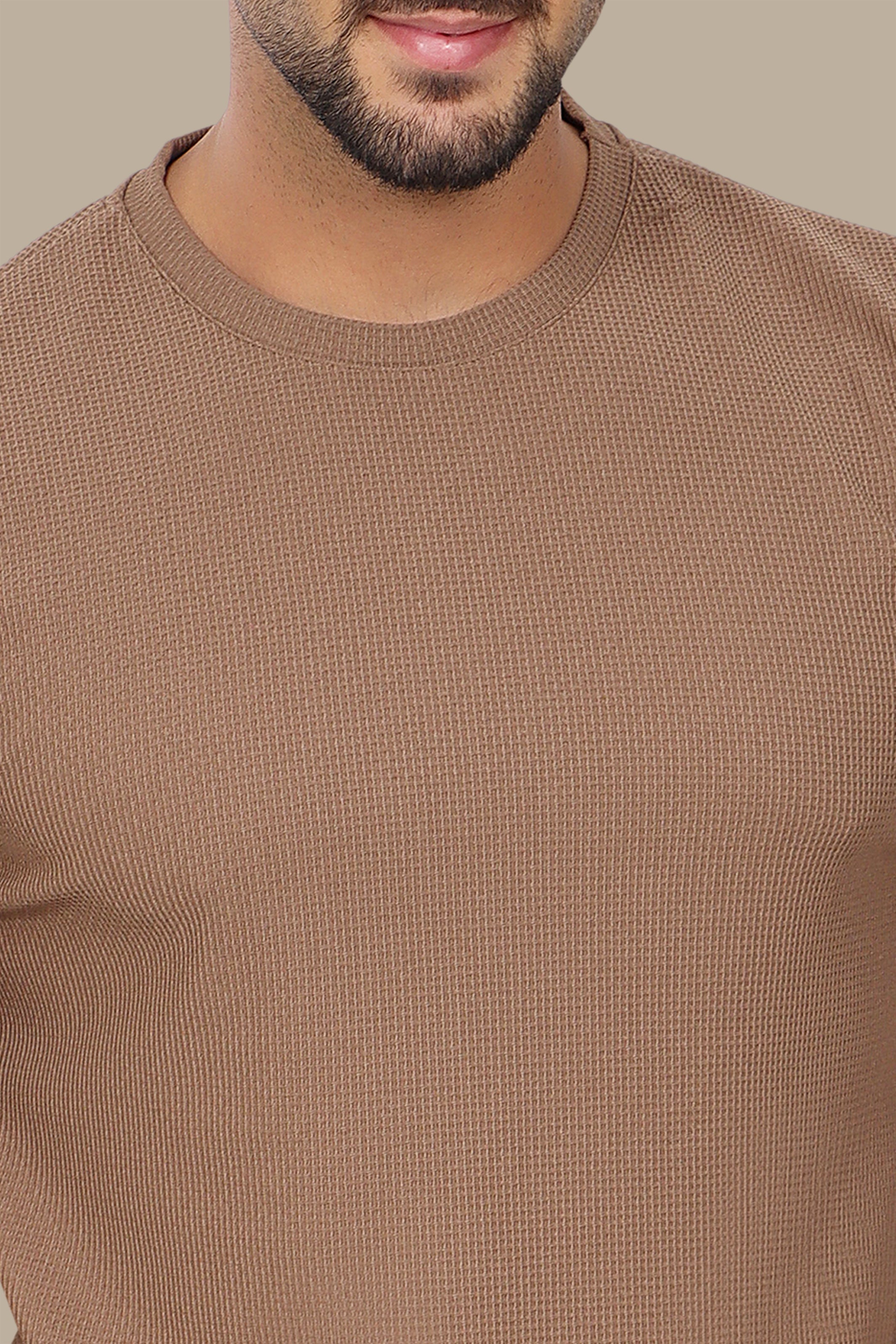 Light Brown Round Neck Structured Sweater