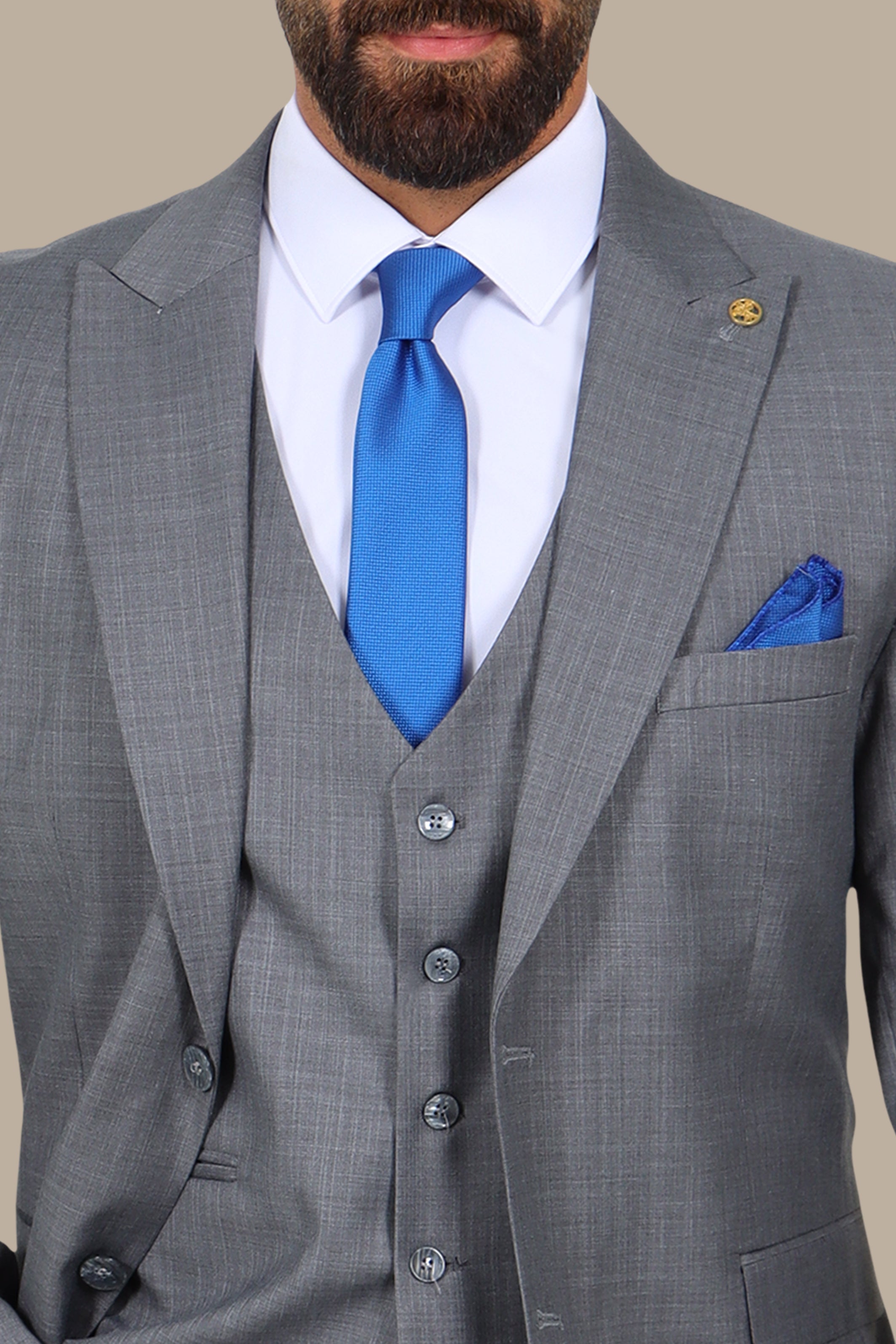 Grey 3-Piece Fil à Fil Peak Lapel Suit