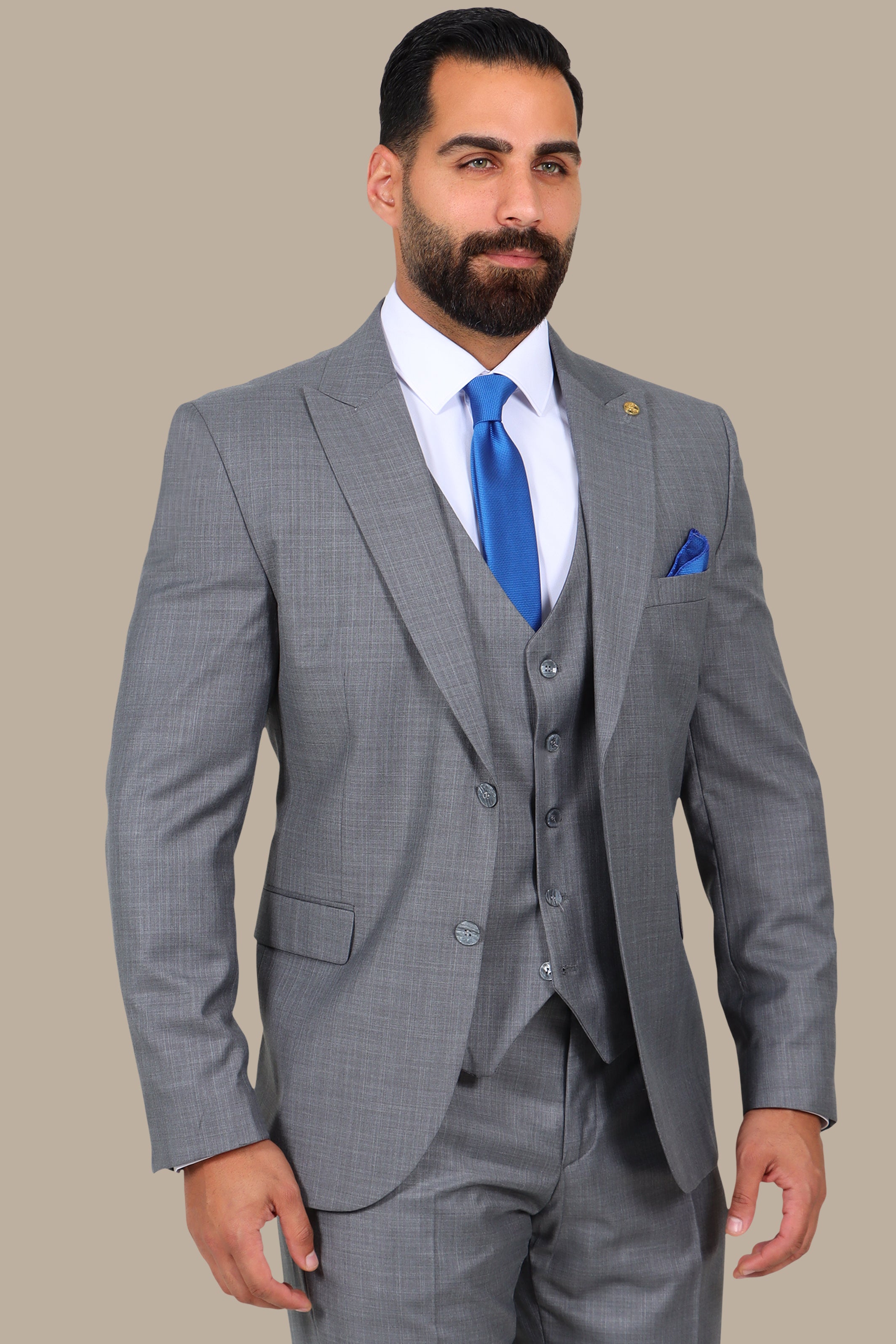 Grey 3-Piece Fil à Fil Peak Lapel Suit