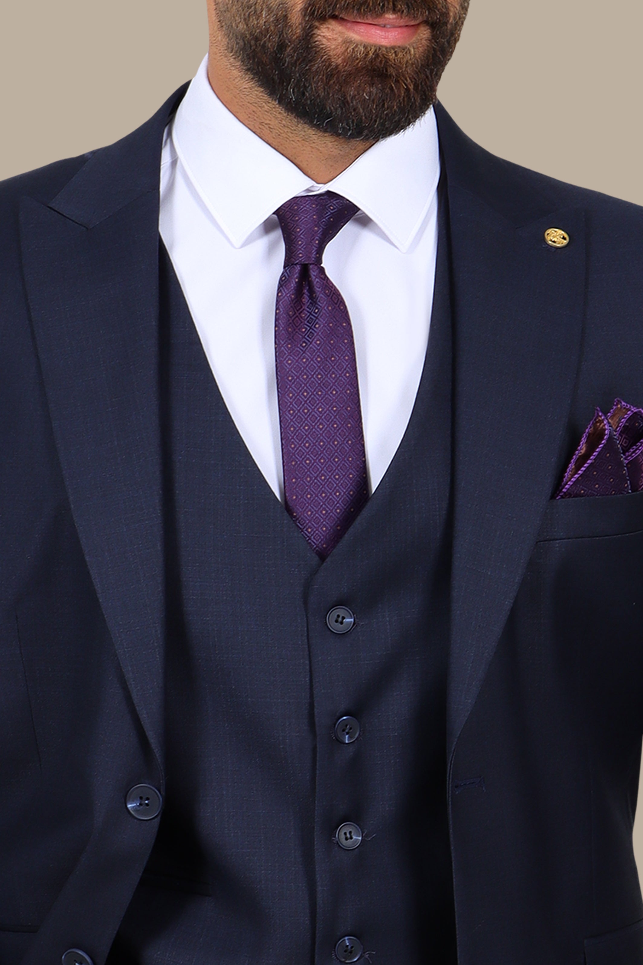 Dark Navy 3-Piece Fil à Fil Peak Lapel Suit