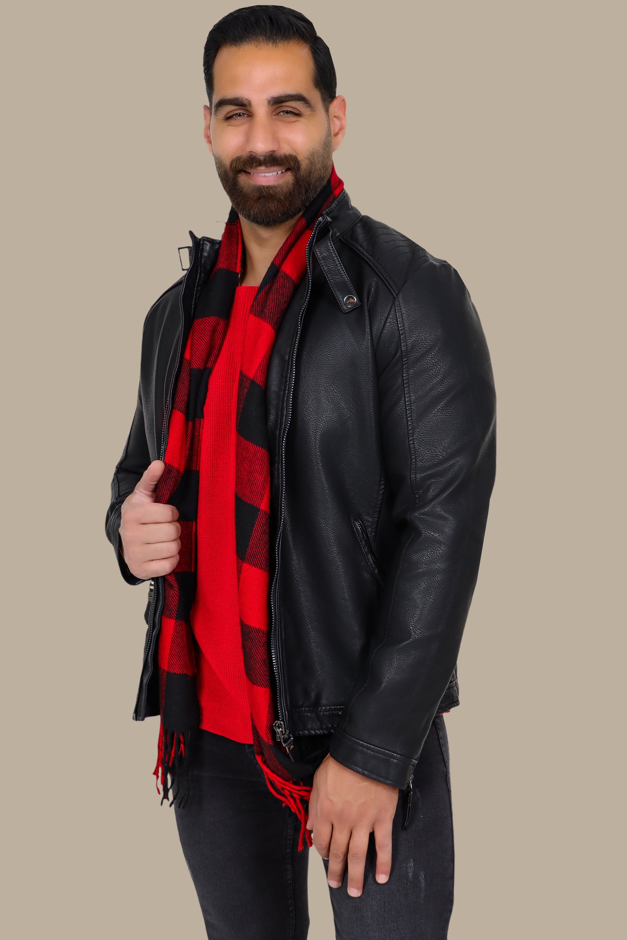 Black Leather Jacket with Mao Collar and Buckle Detail