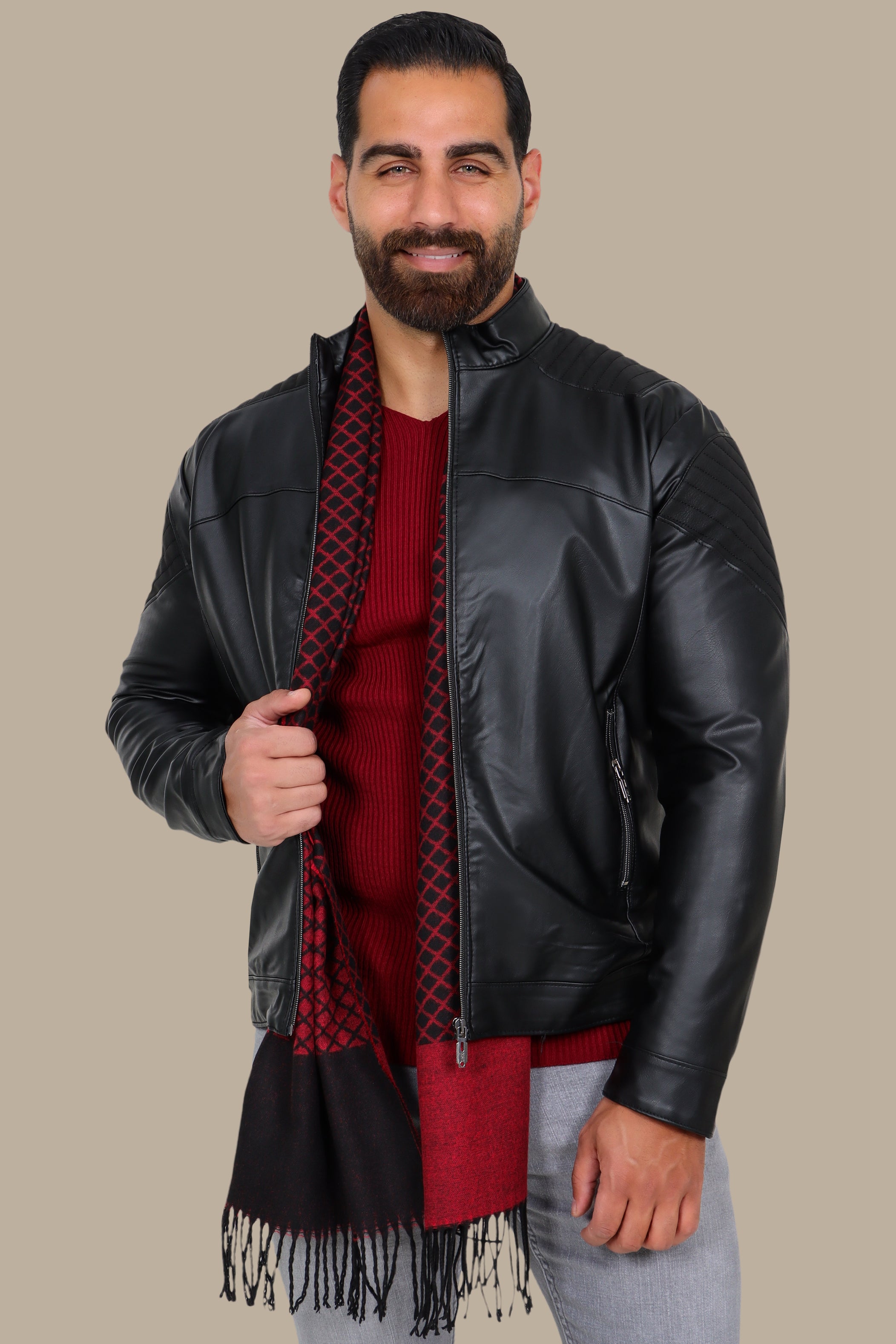 Black Faux Leather Mao Collar Jacket with Mixed Fabric