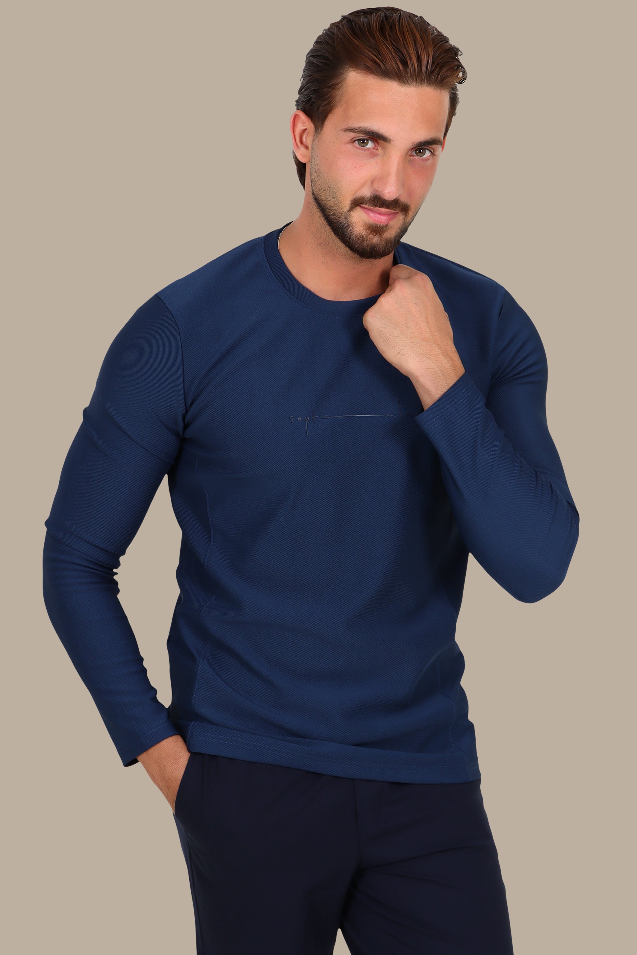 Blue “September” Diagonal-Textured Long Sleeve
