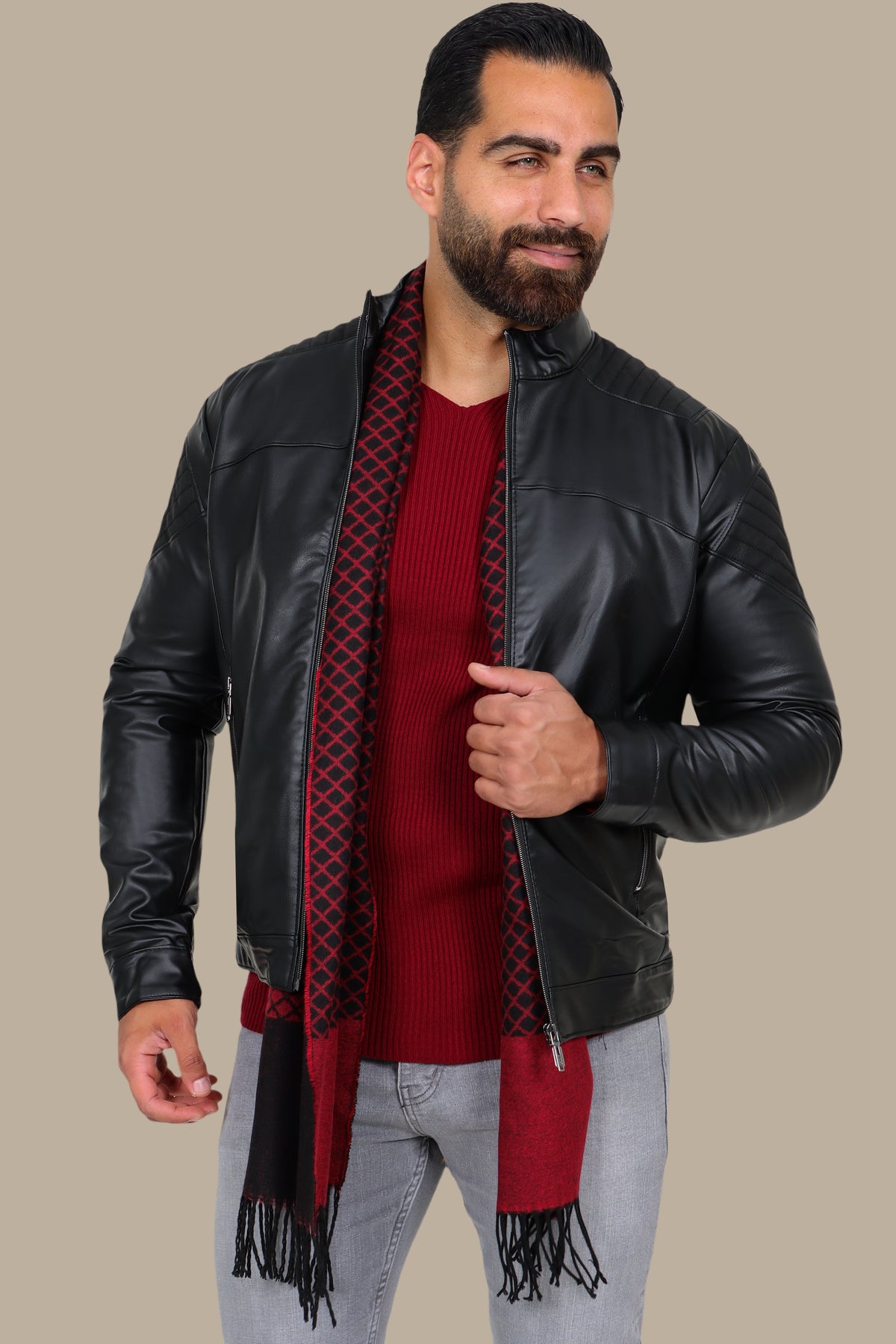 Black Faux Leather Mao Collar Jacket with Mixed Fabric