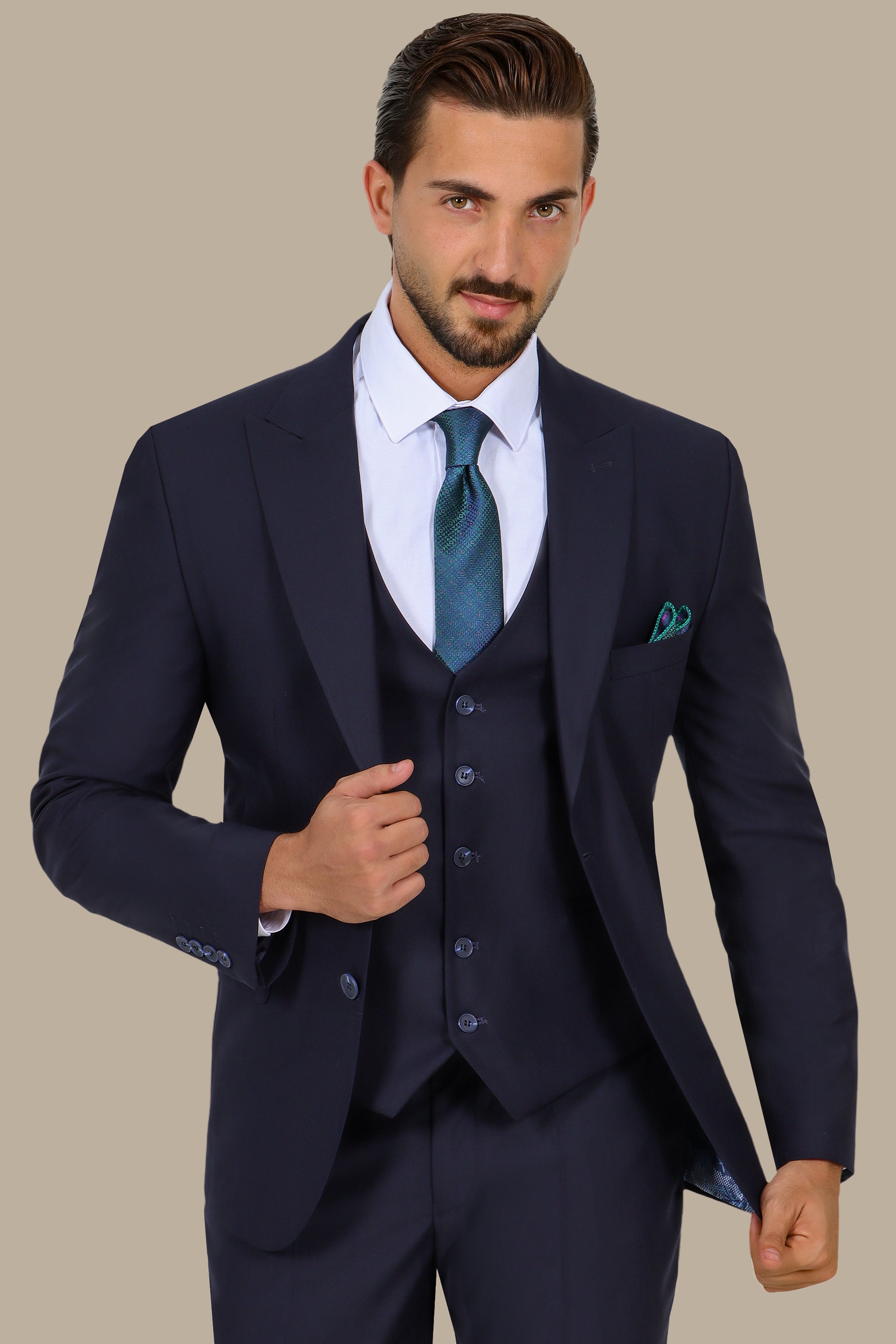 Dark Navy 3-Piece Peak Lapel Suit