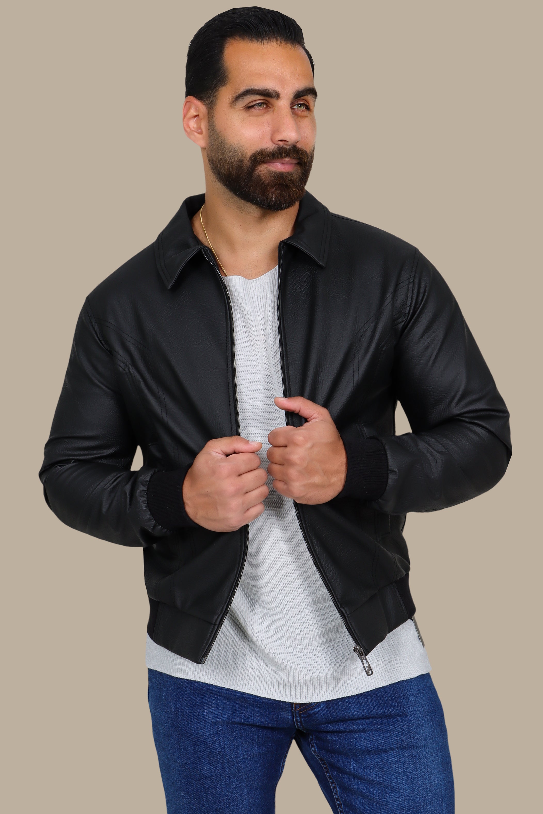 Timeless Charm: Black Leather Jacket with Classic Collar & Zipper