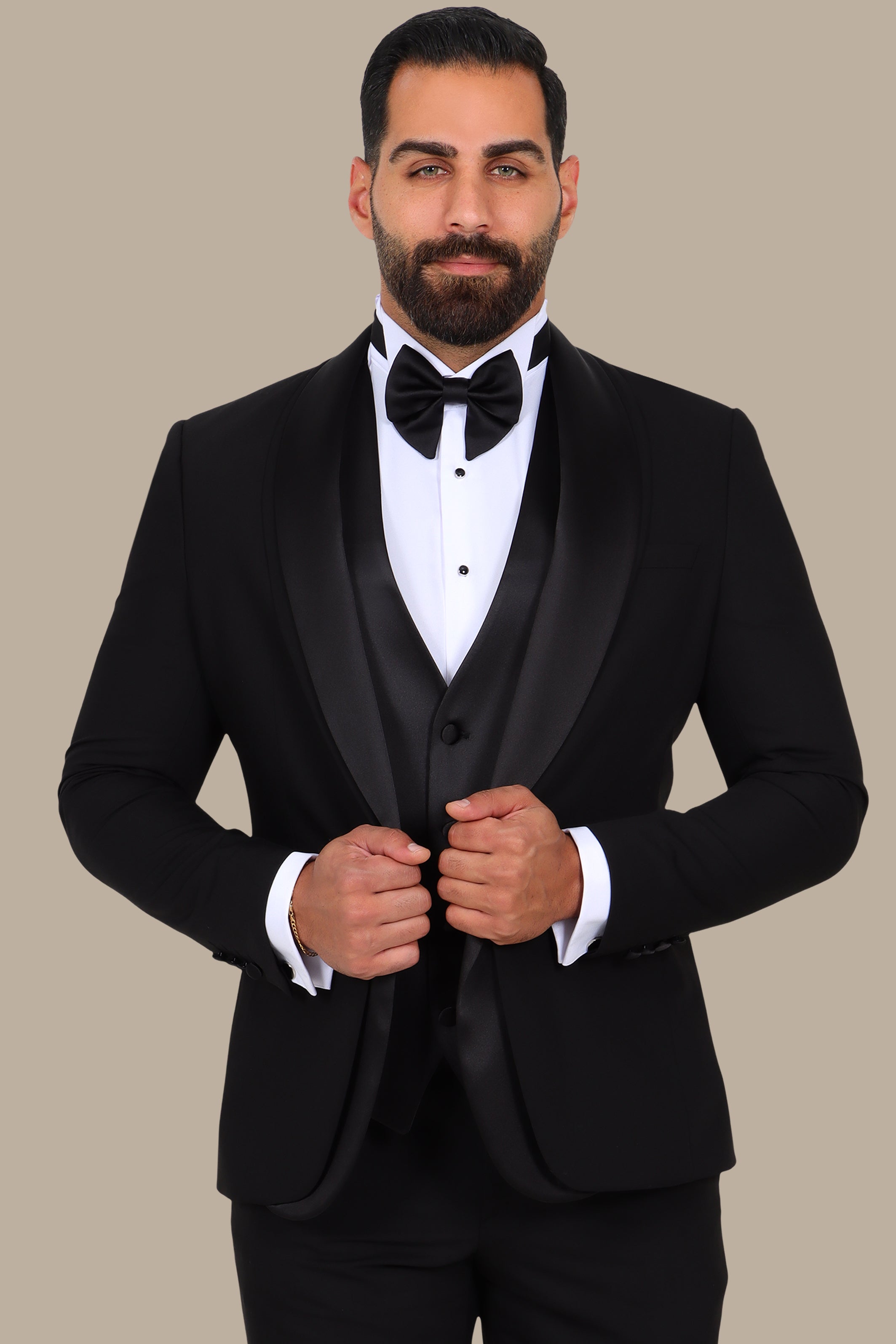 Black 4-Piece Tuxedo with Double Shawl Collar and Satin Trim