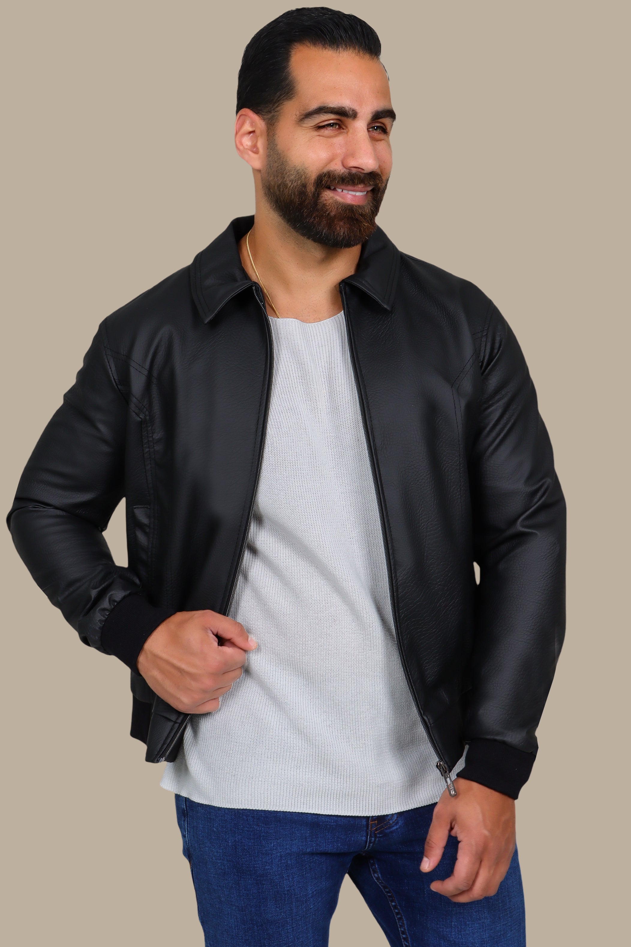 Timeless Charm: Black Leather Jacket with Classic Collar & Zipper