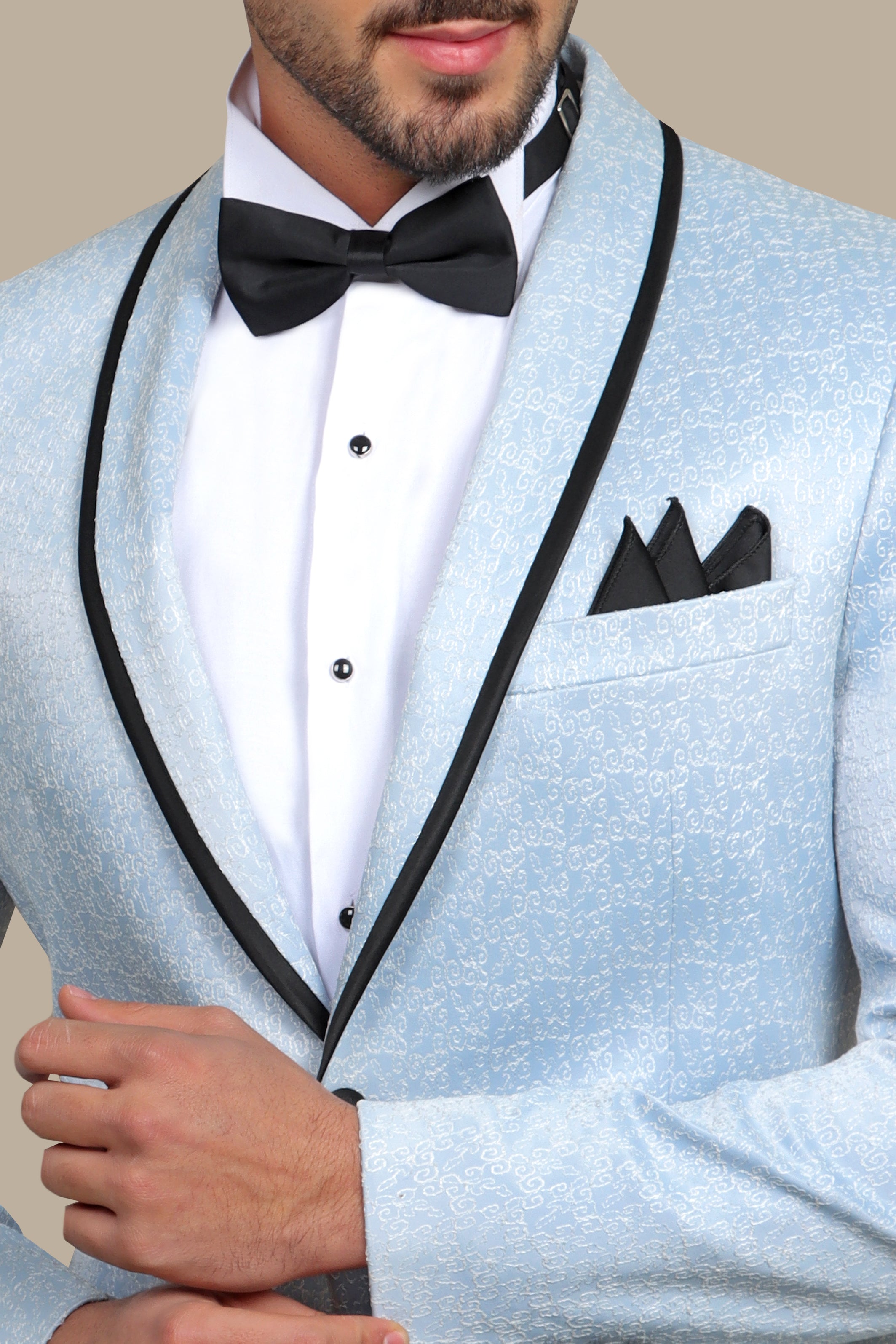 A Model Wearing FV Special Collection Jacquard Piping Suit