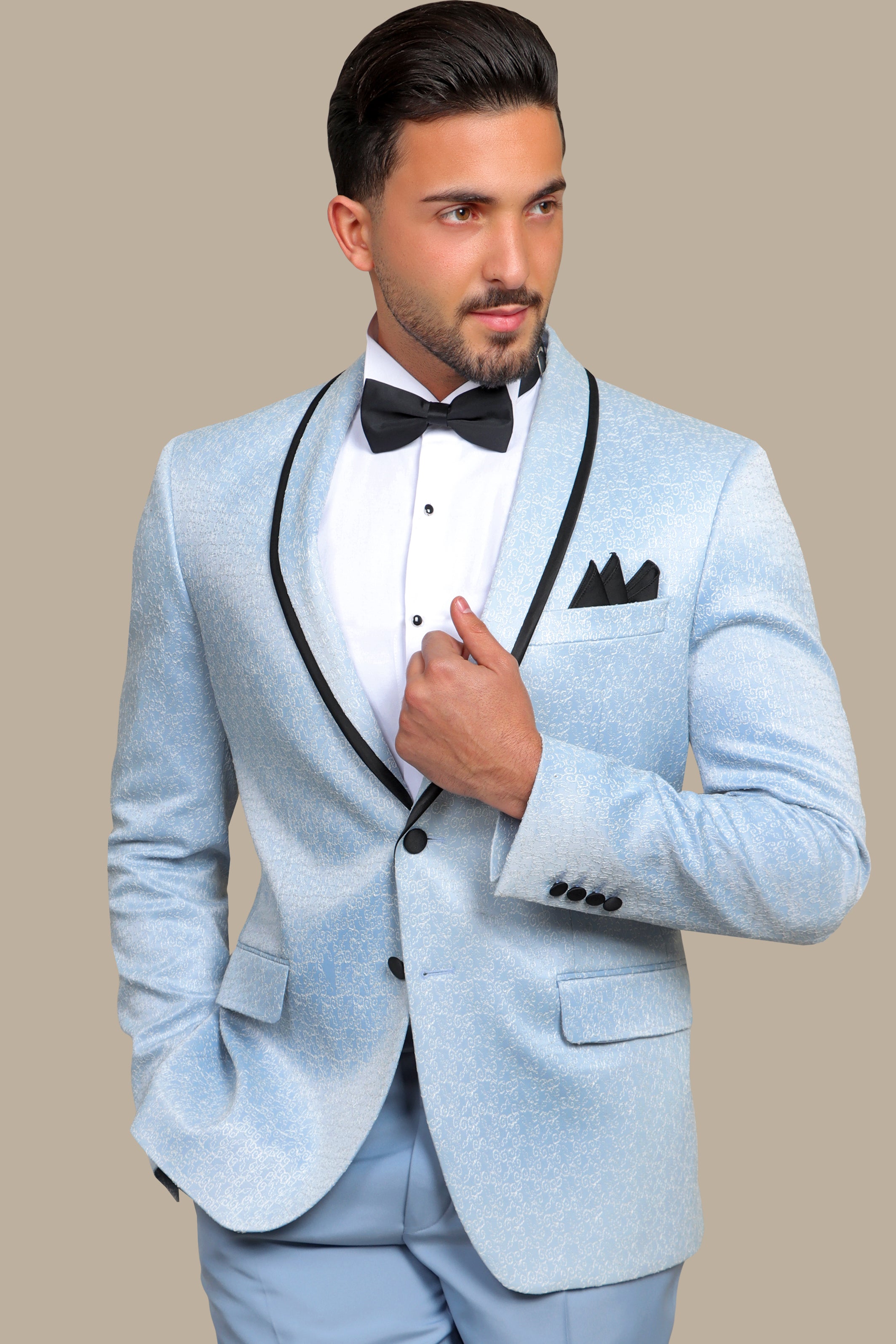 A Model Wearing FV Special Collection Jacquard Piping Suit