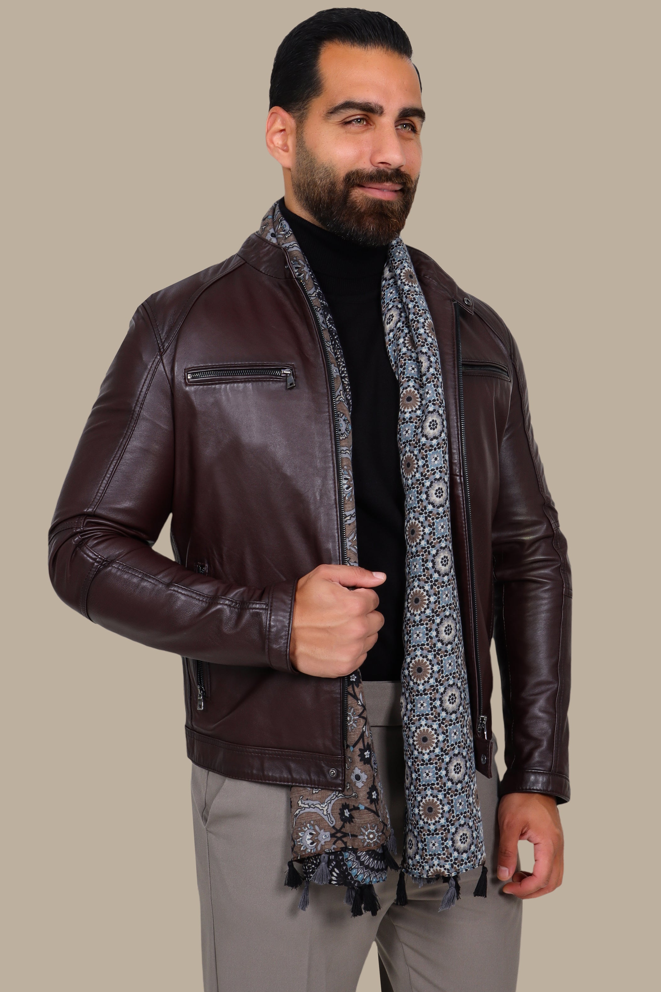 Burgundy Leather Jacket with Mao Collar