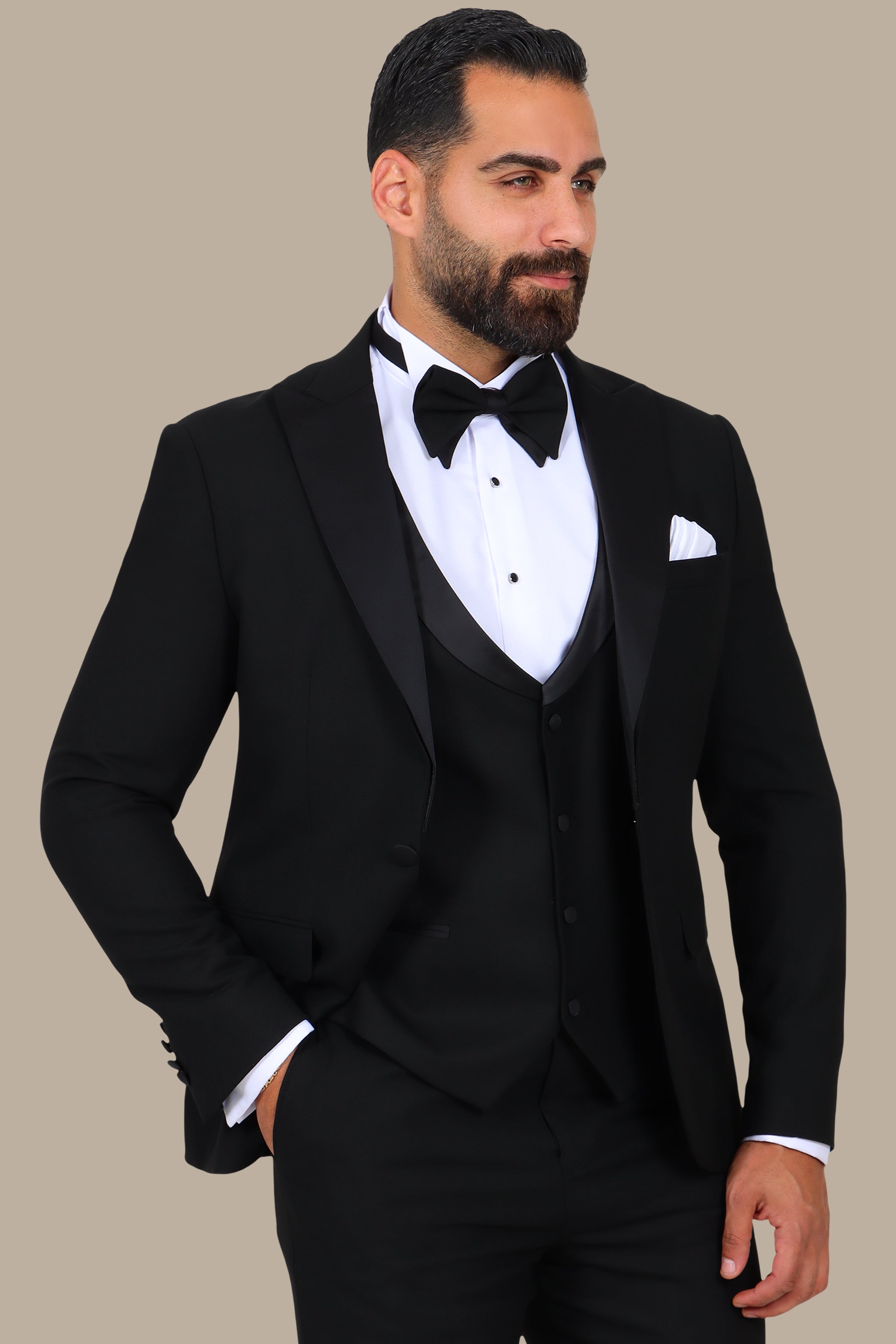 4-Piece Tuxedo Peak Lapel Plain Black