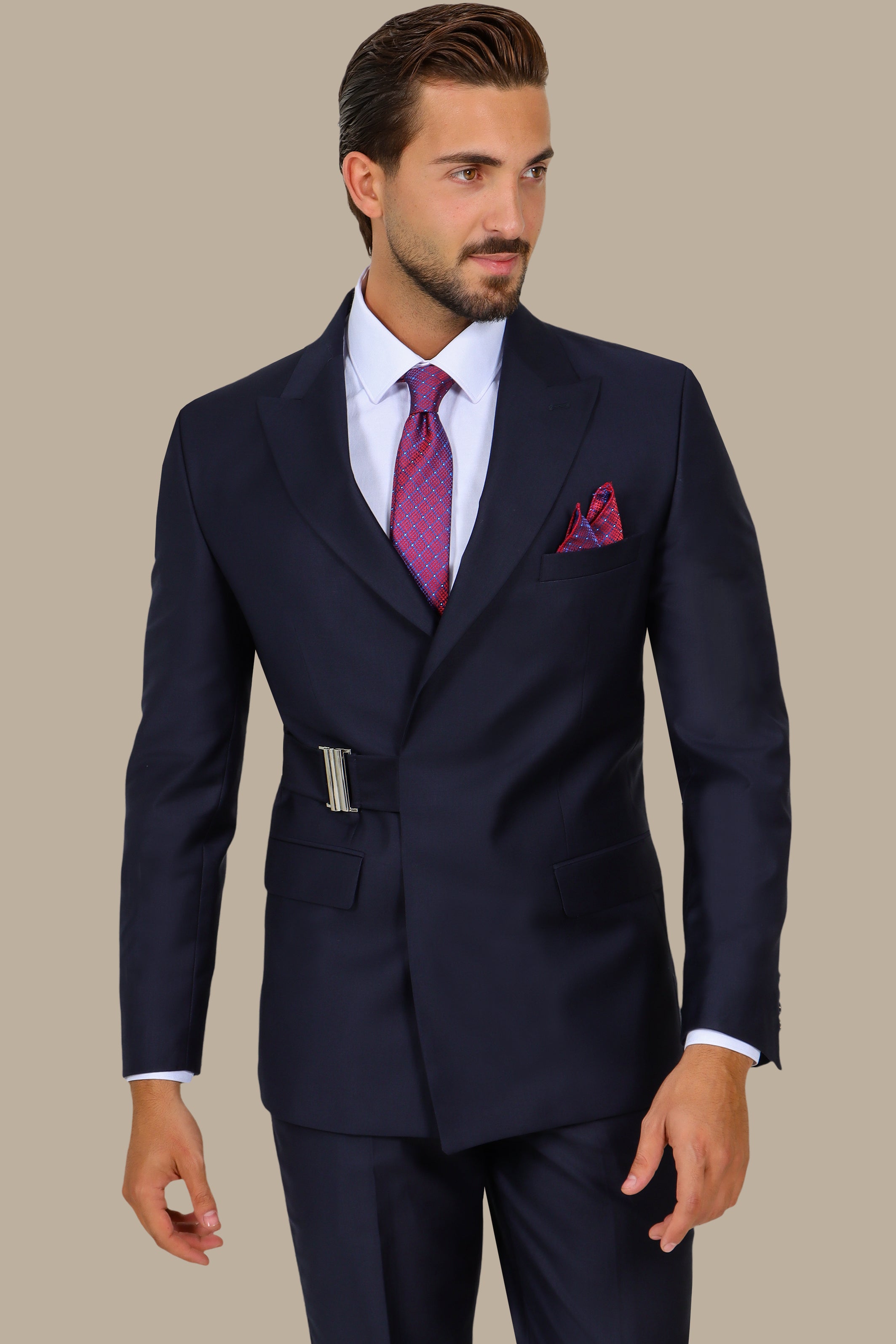 Navy Peak Lapel Suit with Side Buckle