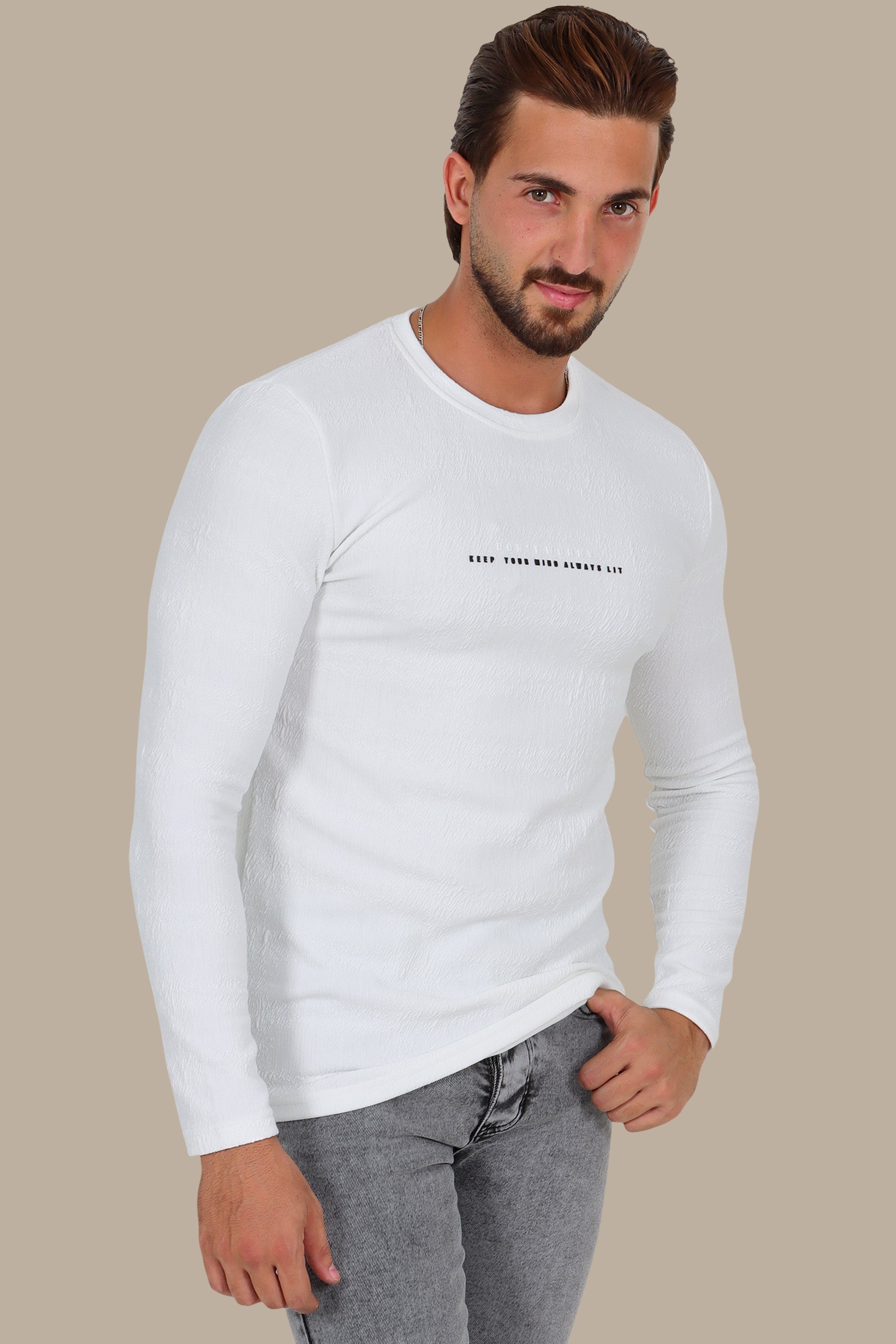 White “Don't Worry” Bubbled Long Sleeve