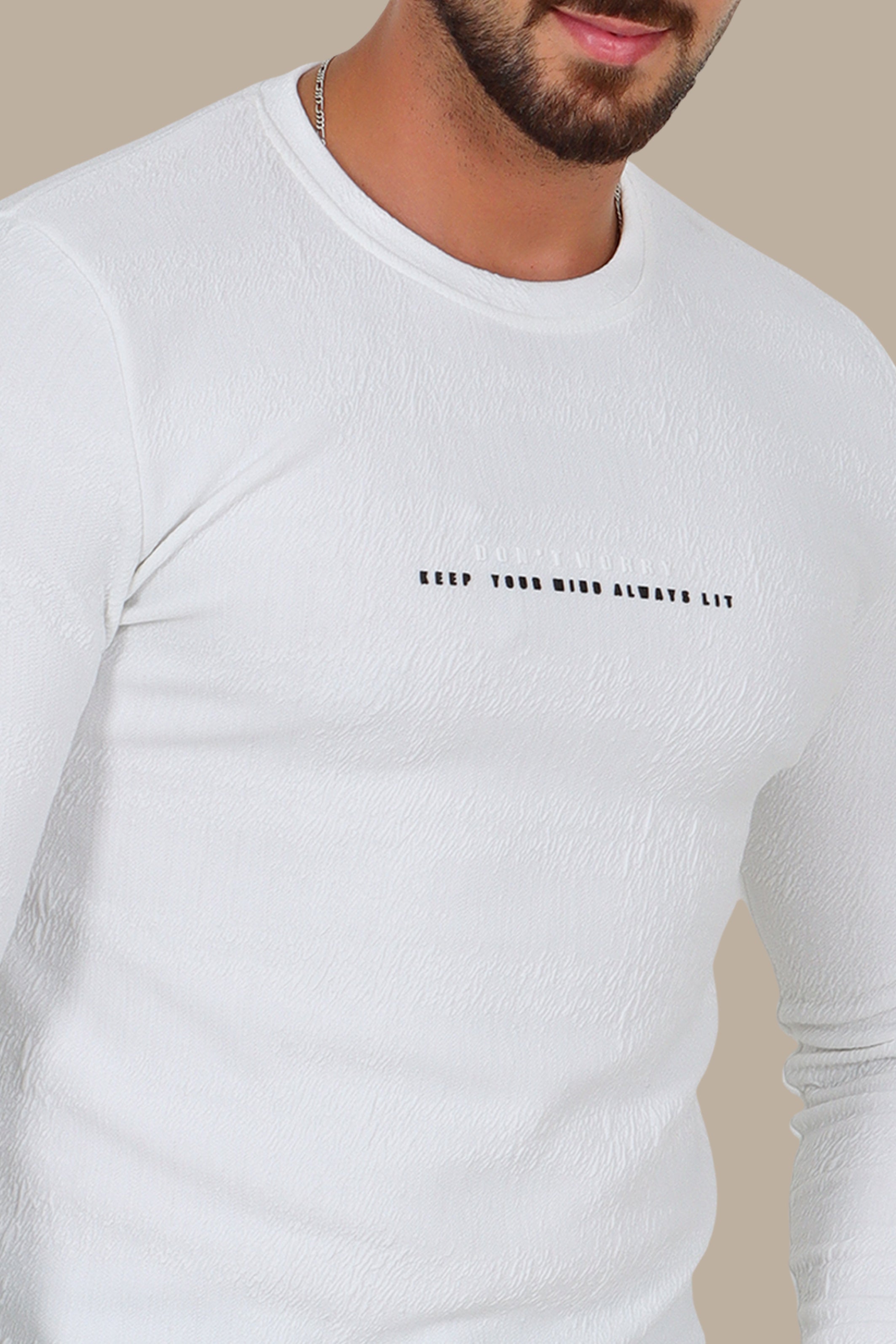 White “Don't Worry” Bubbled Long Sleeve