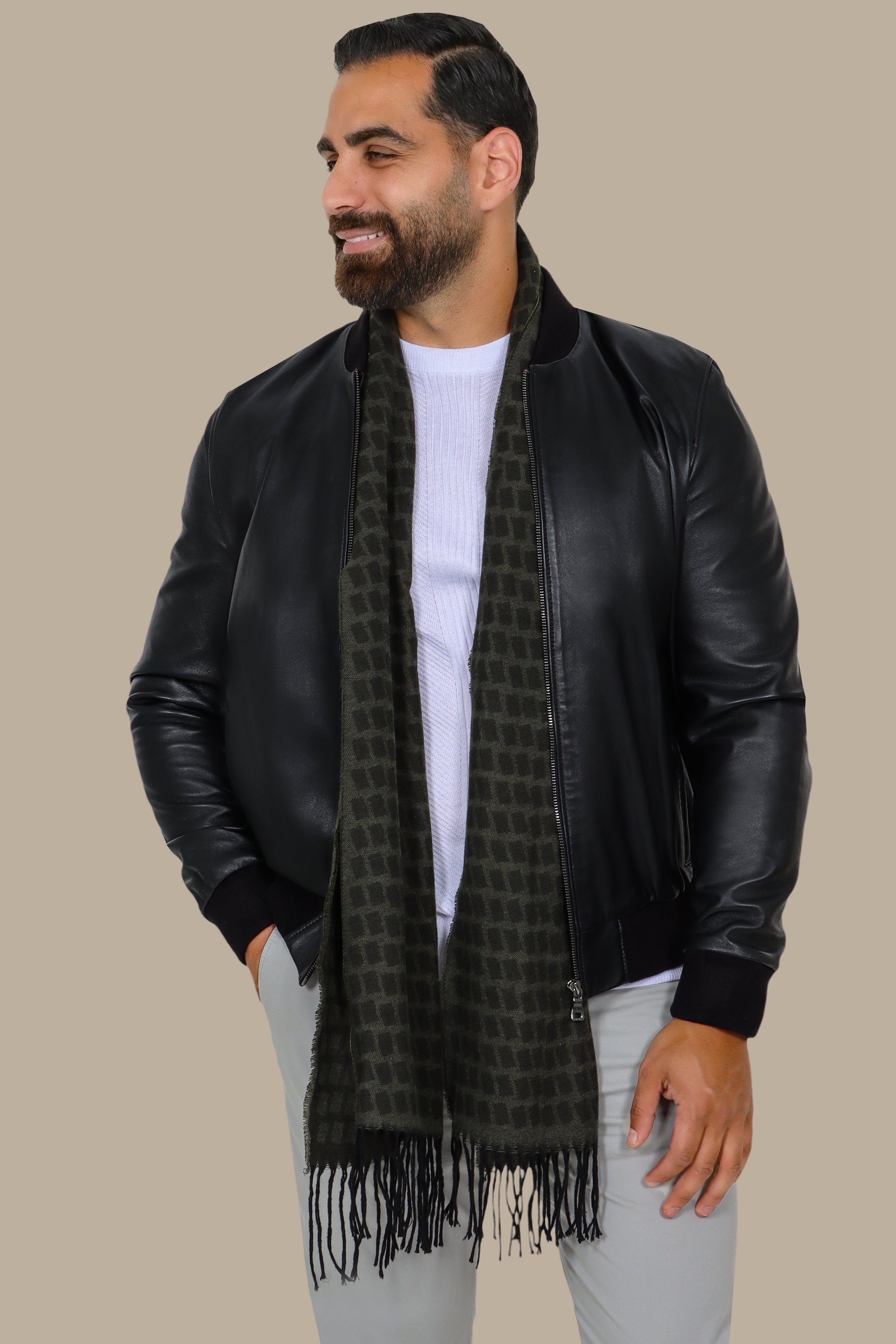 Black Basic Mao Collar Real Leather Jacket