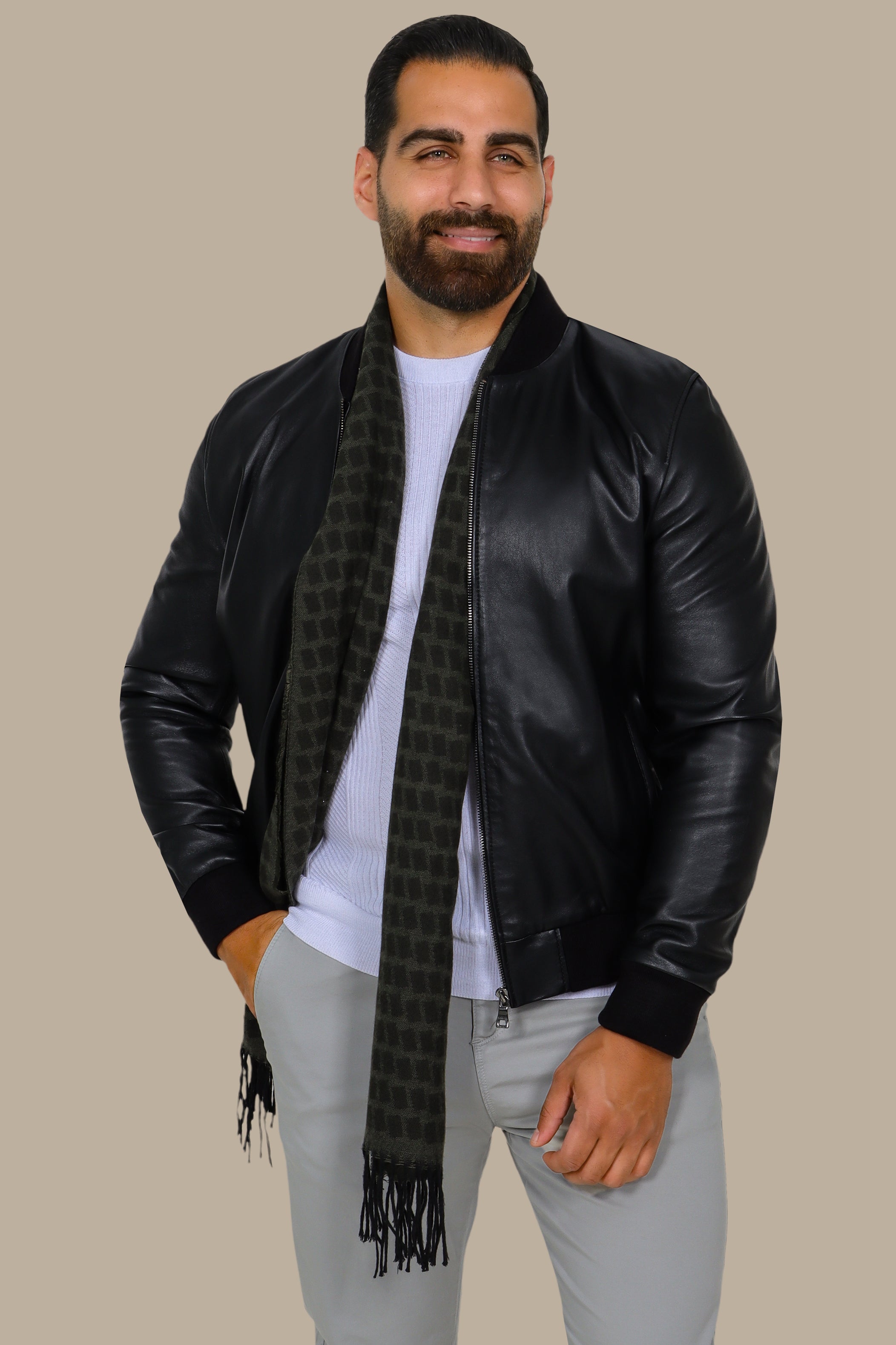 Black Basic Mao Collar Real Leather Jacket