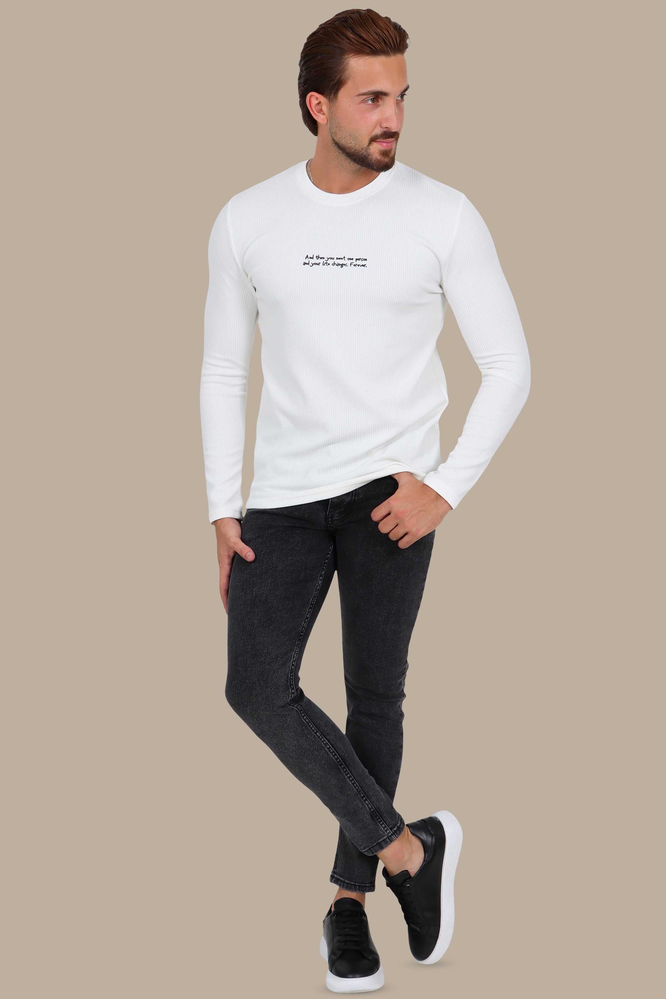 White “One Person” Ribbed Long Sleeve