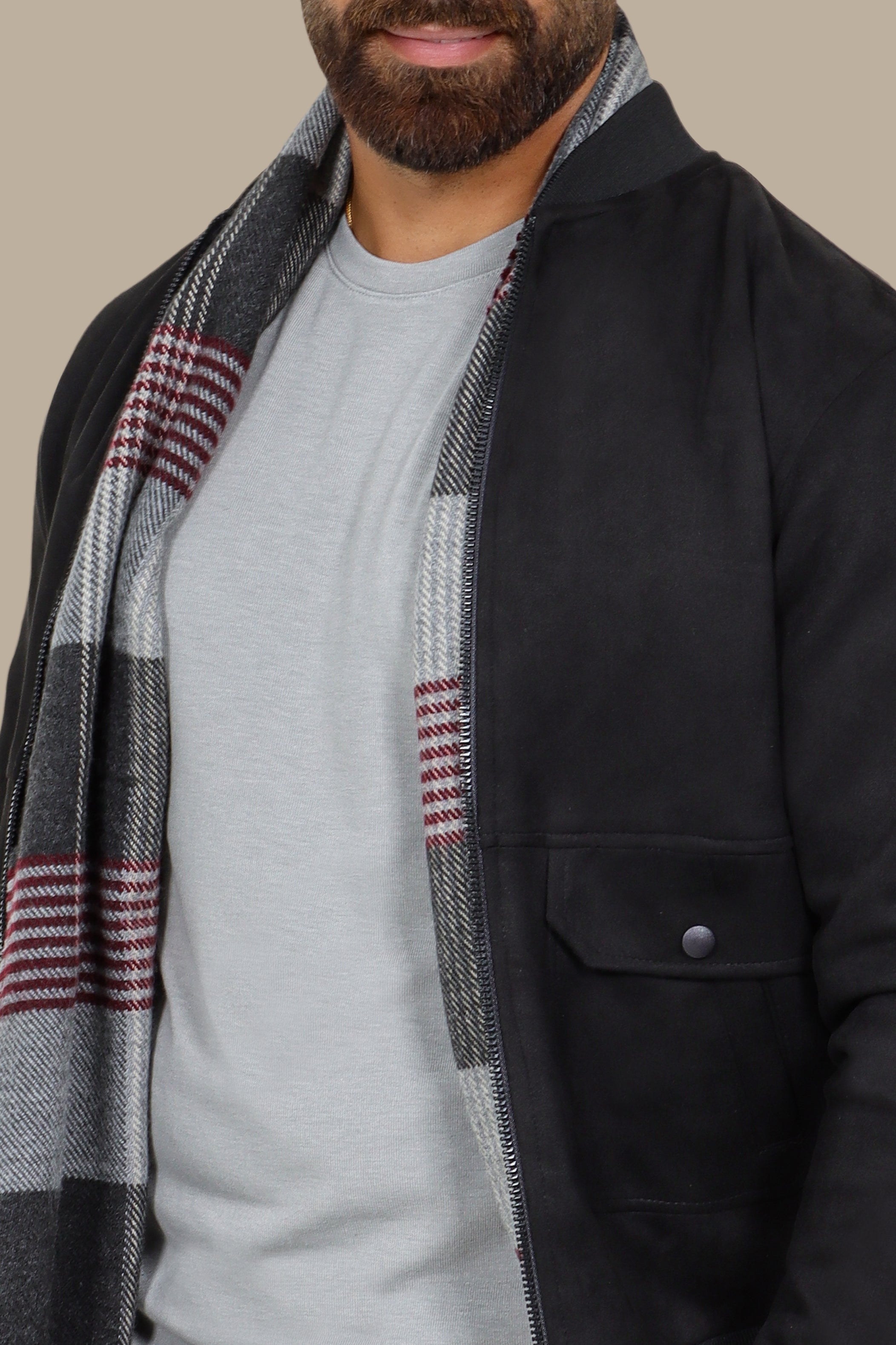 Faux Suede Blouson Jacket with Mao Collar