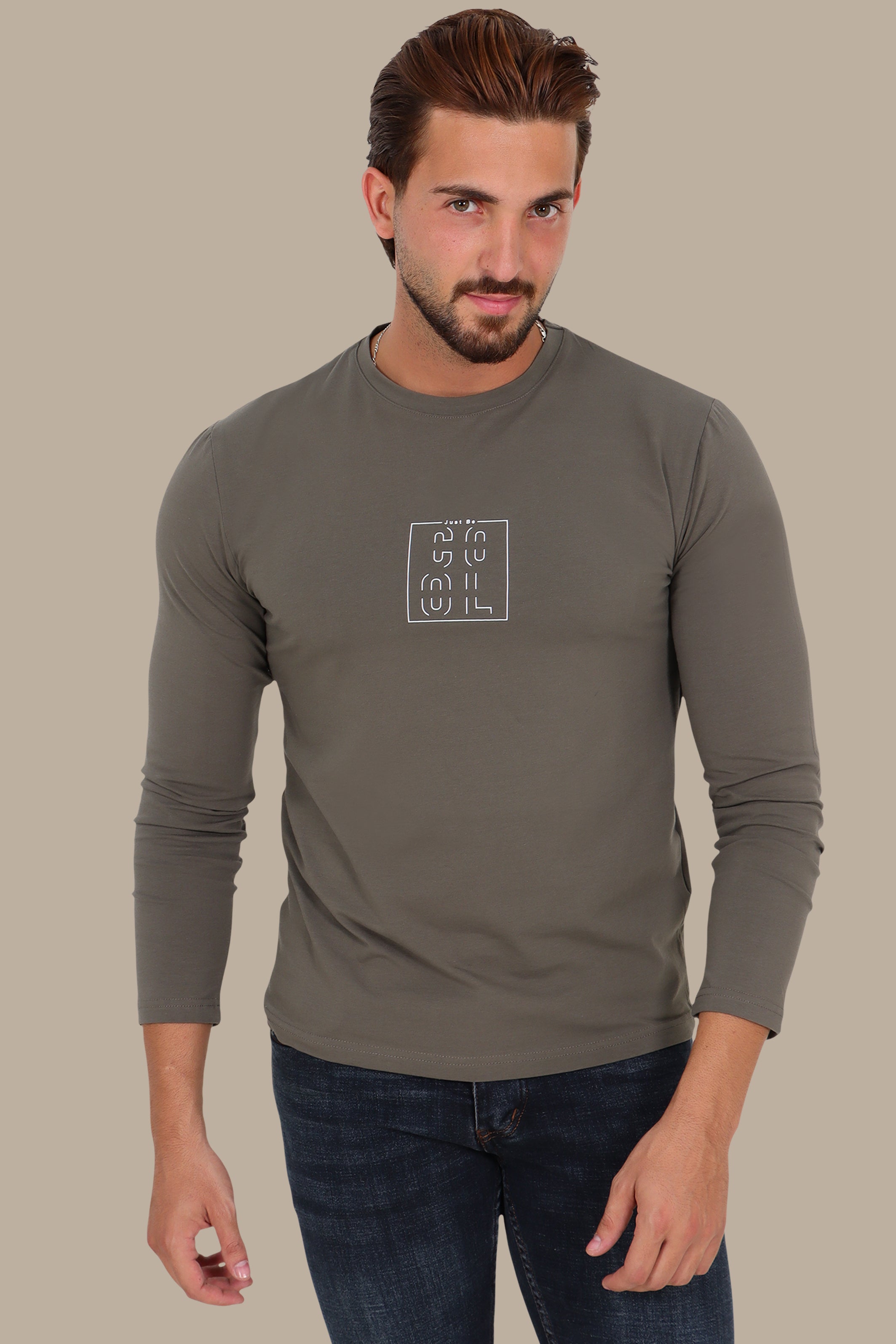 Khaki “Just Be Cool” Printed Long Sleeve