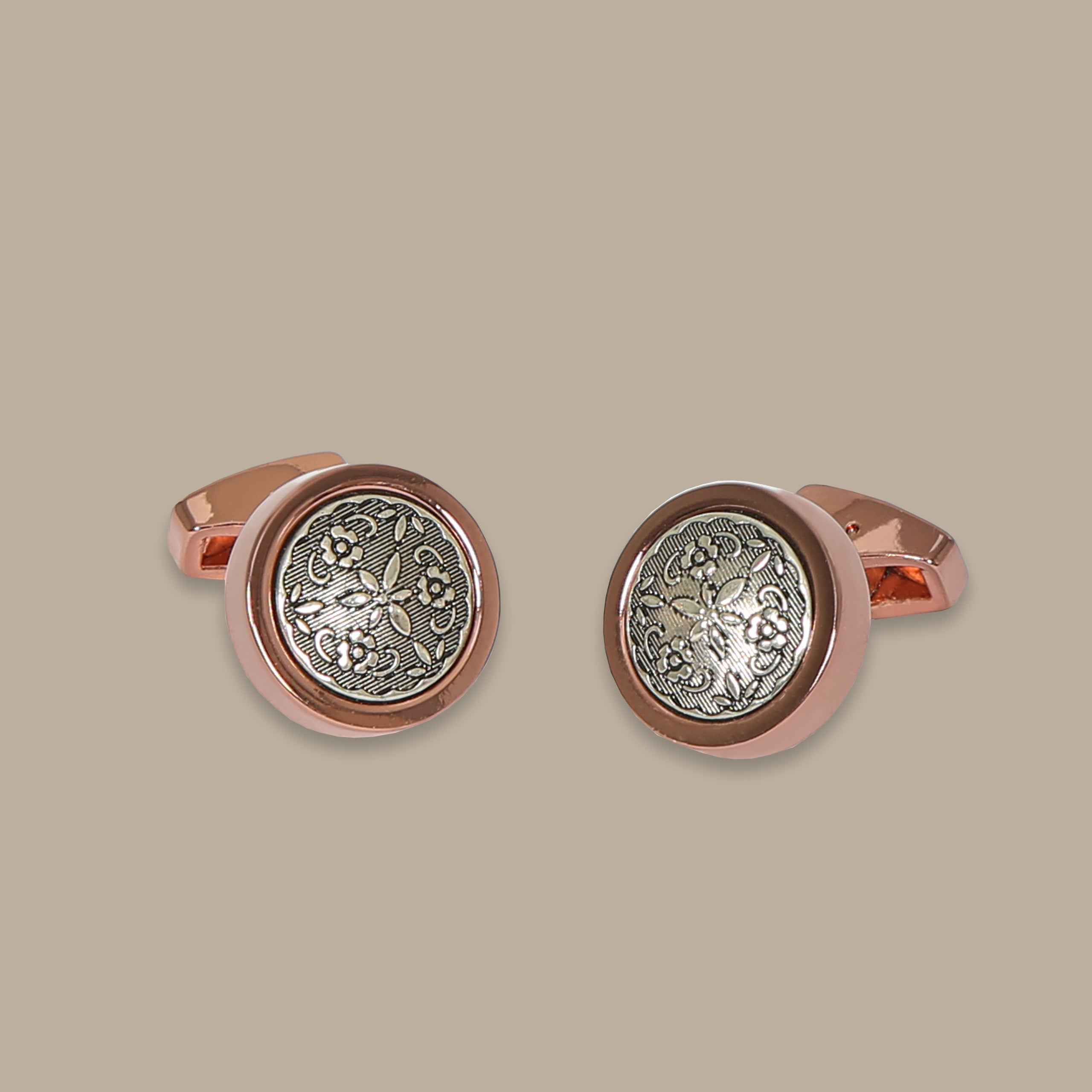 Silver Leaf Round Cufflinks in Rose Gold