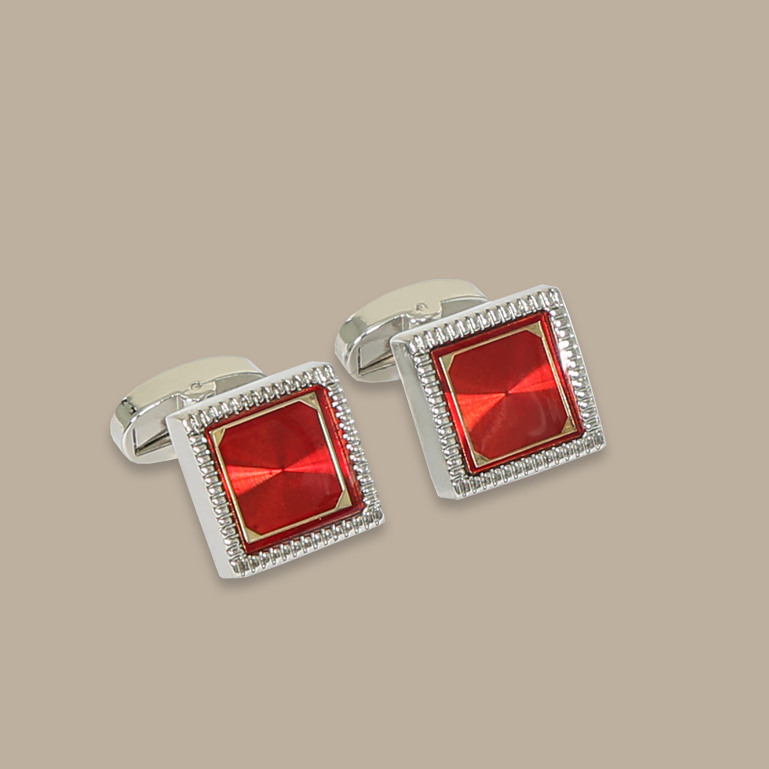 Silver Square Cufflinks with Red Accent